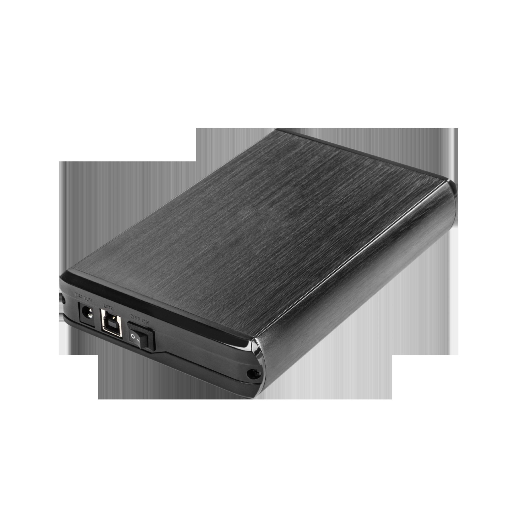 Disco duro externo negro con USB, puertos de alimentación y un interruptor de encendido/apagado.