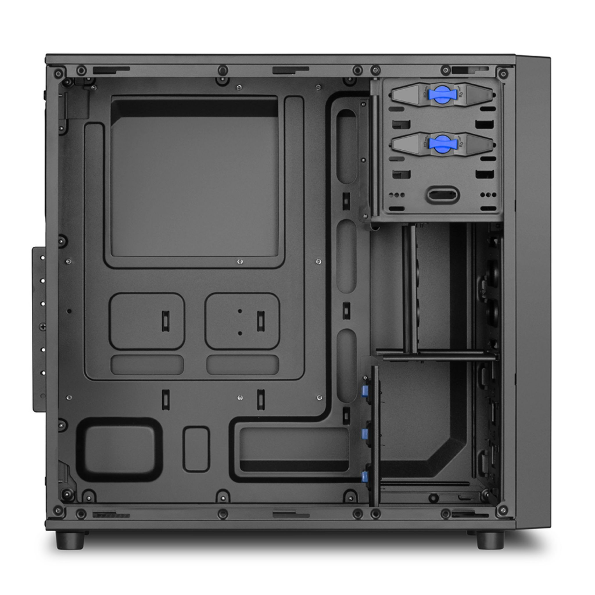 Schwarzes Computergehäuse-Inneres. Zeigt Einschübe für Laufwerke und andere Komponenten. Blaue Laufwerkshalter.