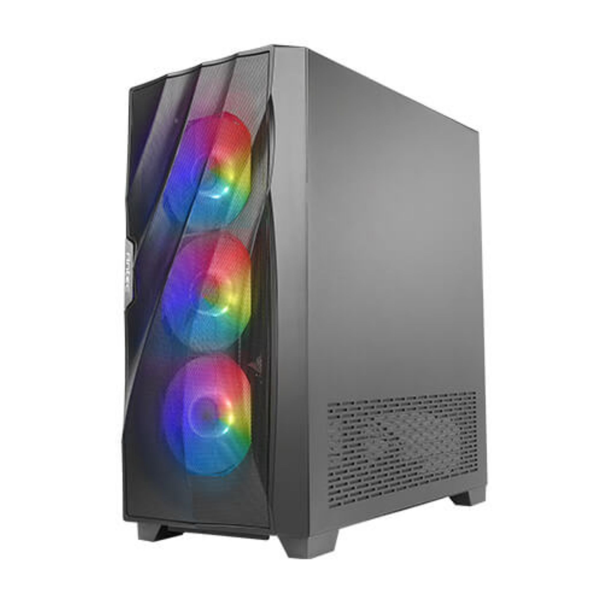 Zwarte computerkast met kleurrijke ventilatoren. Witte achtergrond.