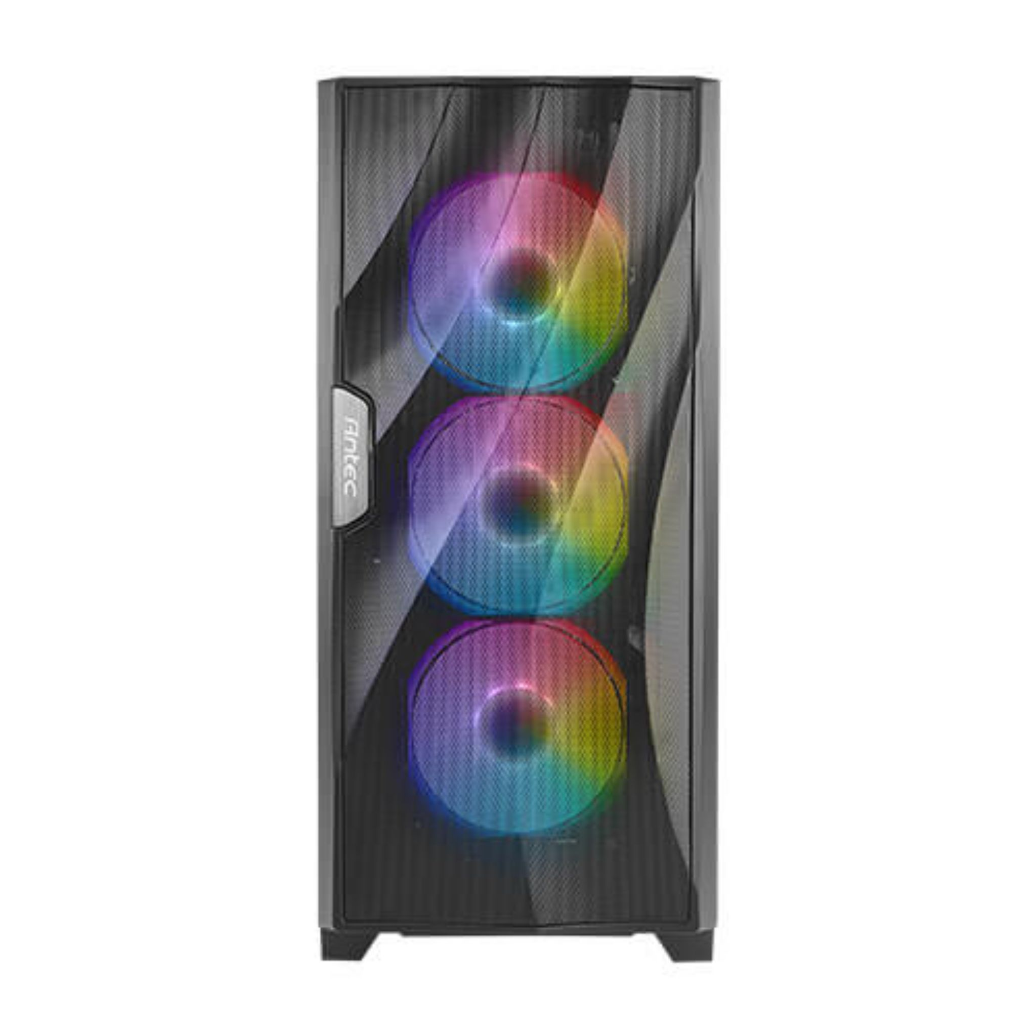 Een zwarte computerkast met drie kleurrijke ventilatoren. Het heeft een antec logo erop.
