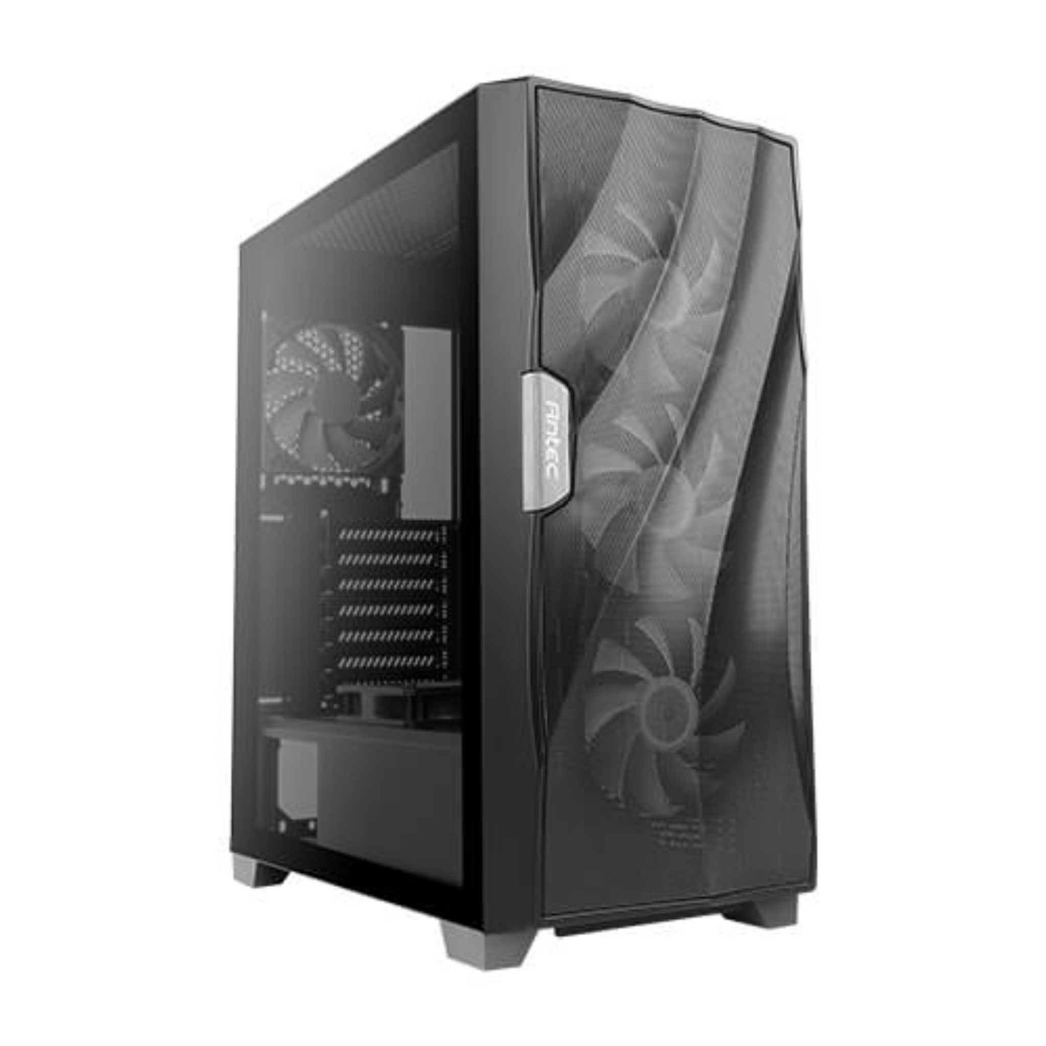 Zwarte computerkast met glazen zijpaneel. Binnenin is een ventilator zichtbaar. Antec-logo aan de zijkant.