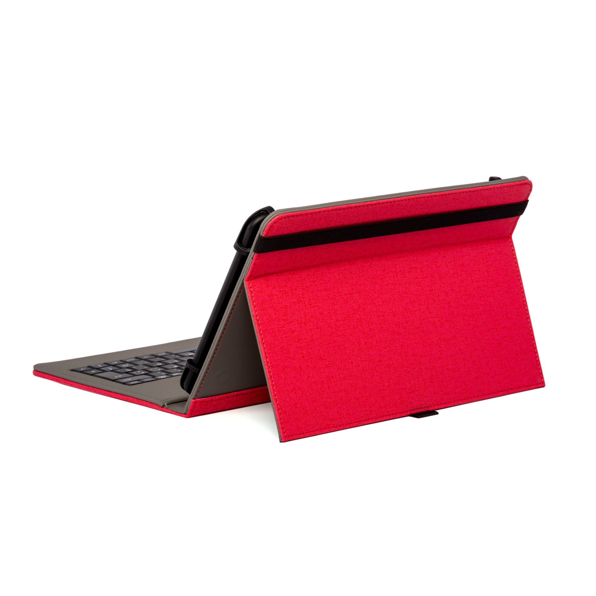 Funda de teclado de tableta roja, abierta, con el teclado mirando al usuario. Teclas negras.