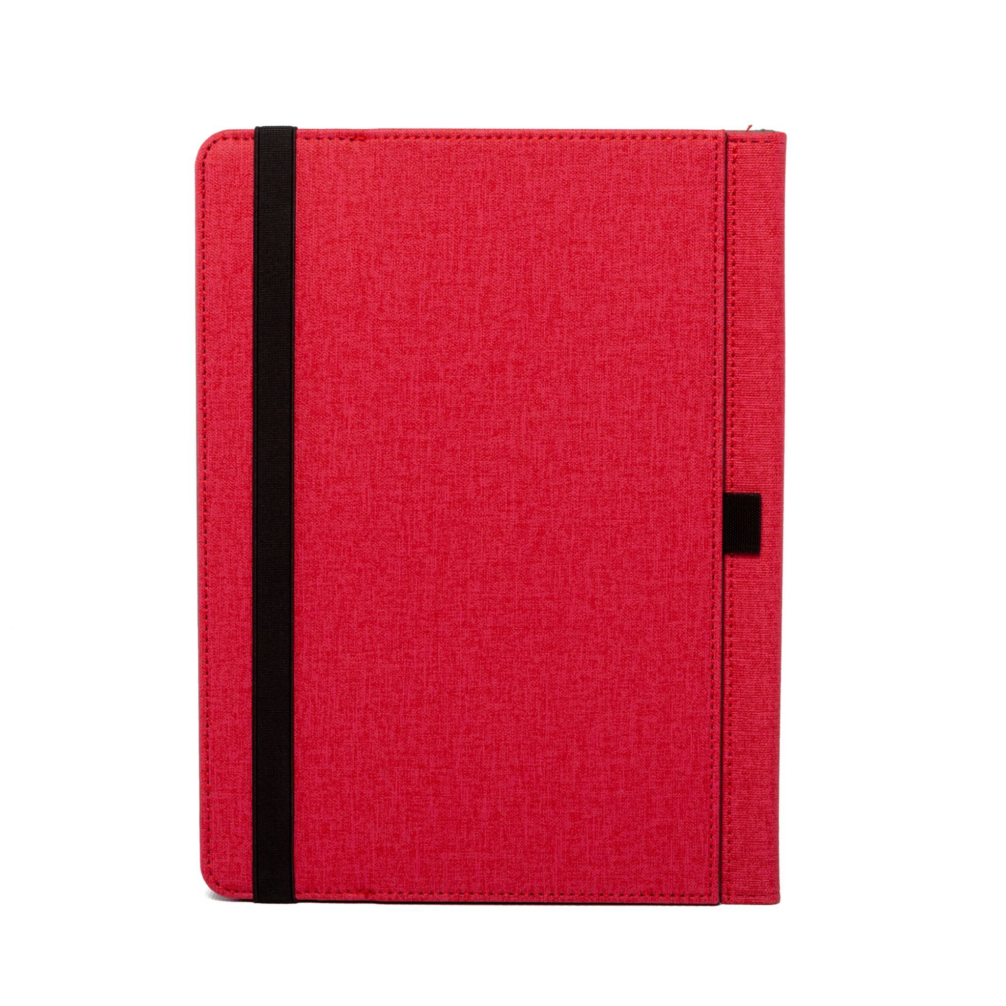 Funda roja para tableta con banda elástica negra. La funda está cerrada. Fondo blanco.