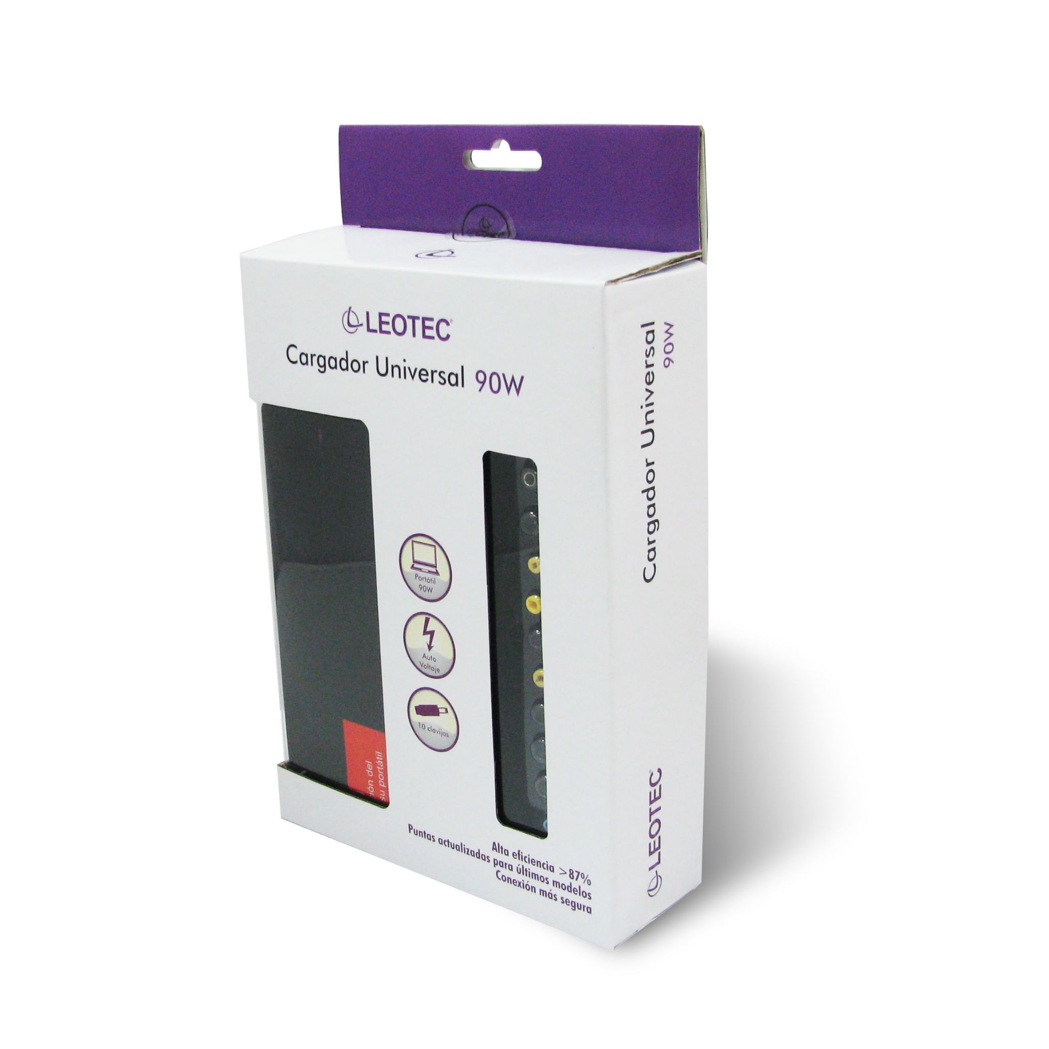 Caja blanca del cargador universal Leotec, con un cargador negro dentro. Aislado en blanco.