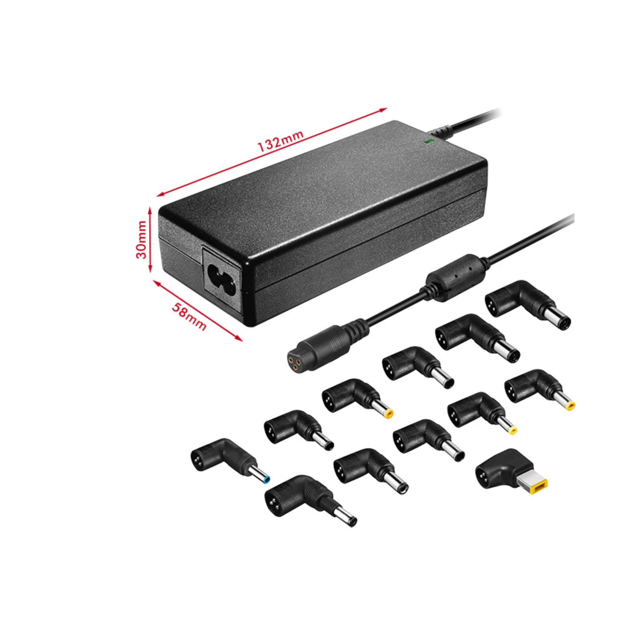 Un adaptador de corriente negro para portátil con múltiples puntas intercambiables.