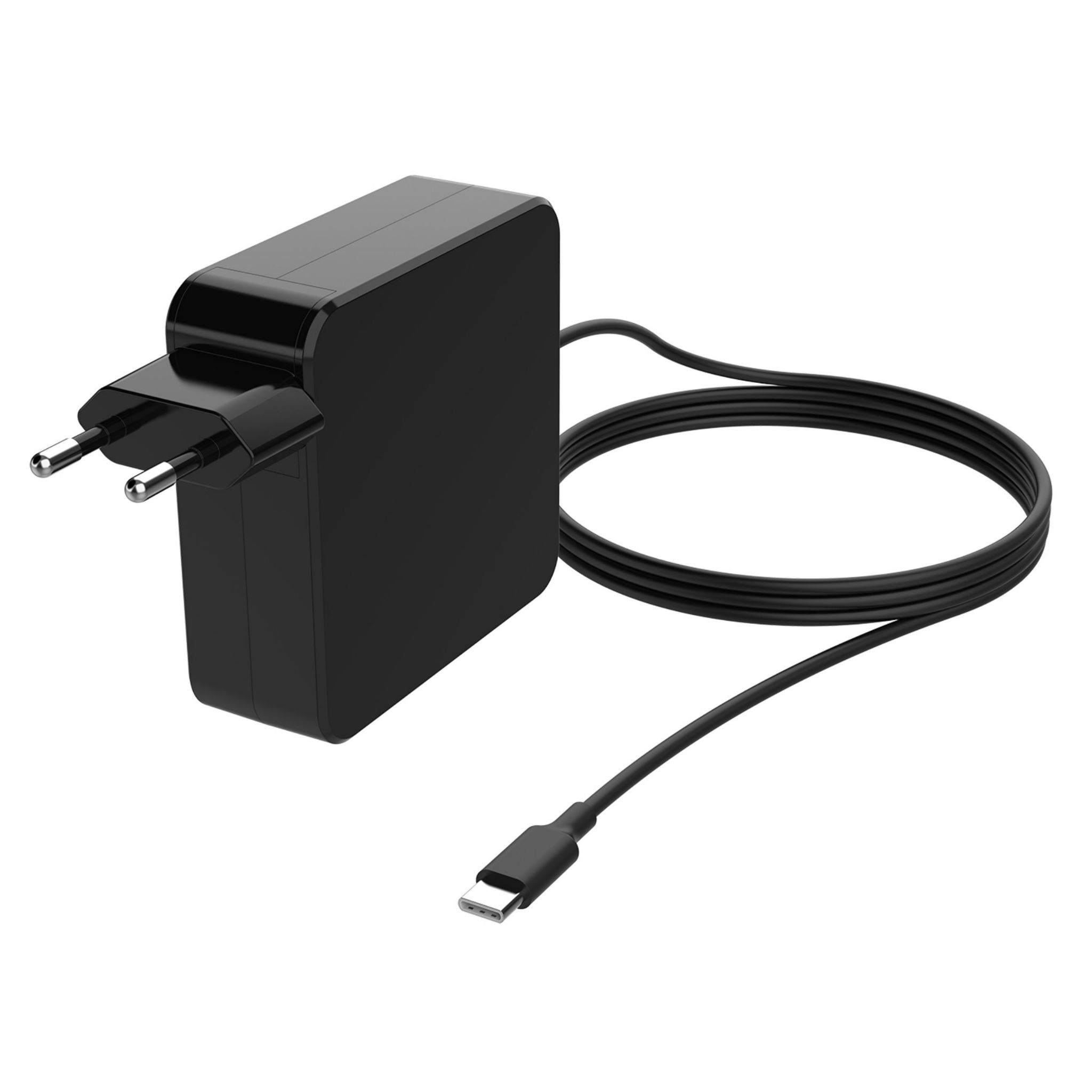 Adaptador de corriente negro con cable y enchufe. Fondo blanco.