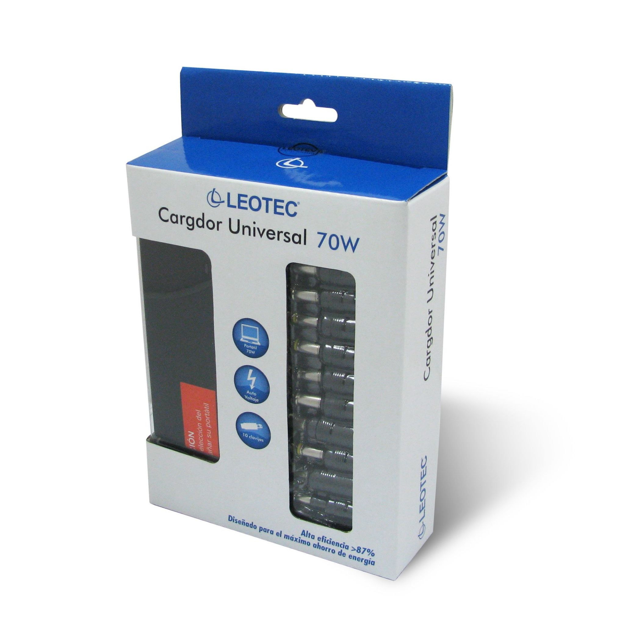 Una caja de cargador universal Leotec, con puntas de cargador visibles y detalles del producto.