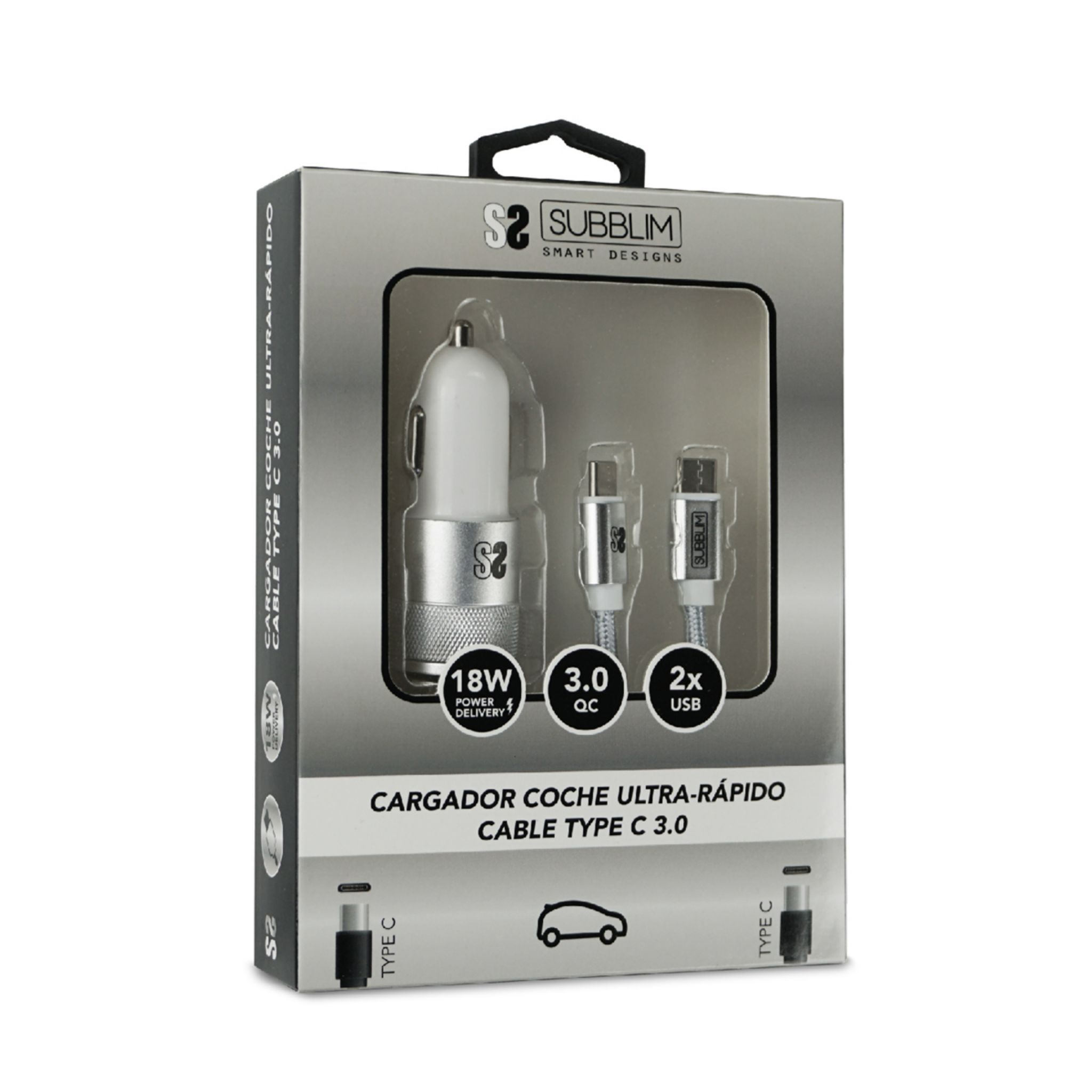 Cargador de coche con dos cables en embalaje. Ofrece 18W y 3.0 QC.