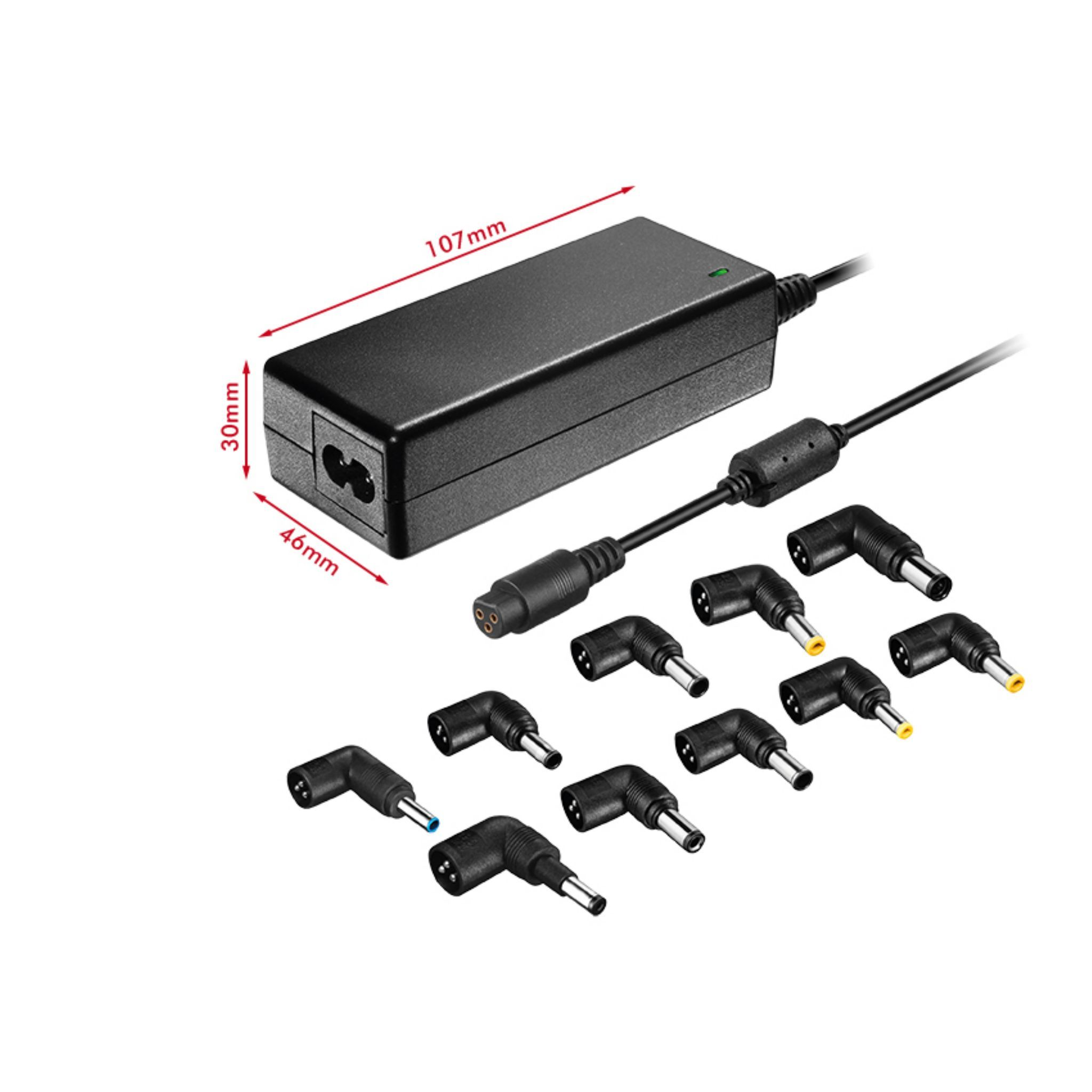 Adaptador de corriente negro con varias puntas. Es rectangular y tiene dimensiones. Puntas de varias formas.