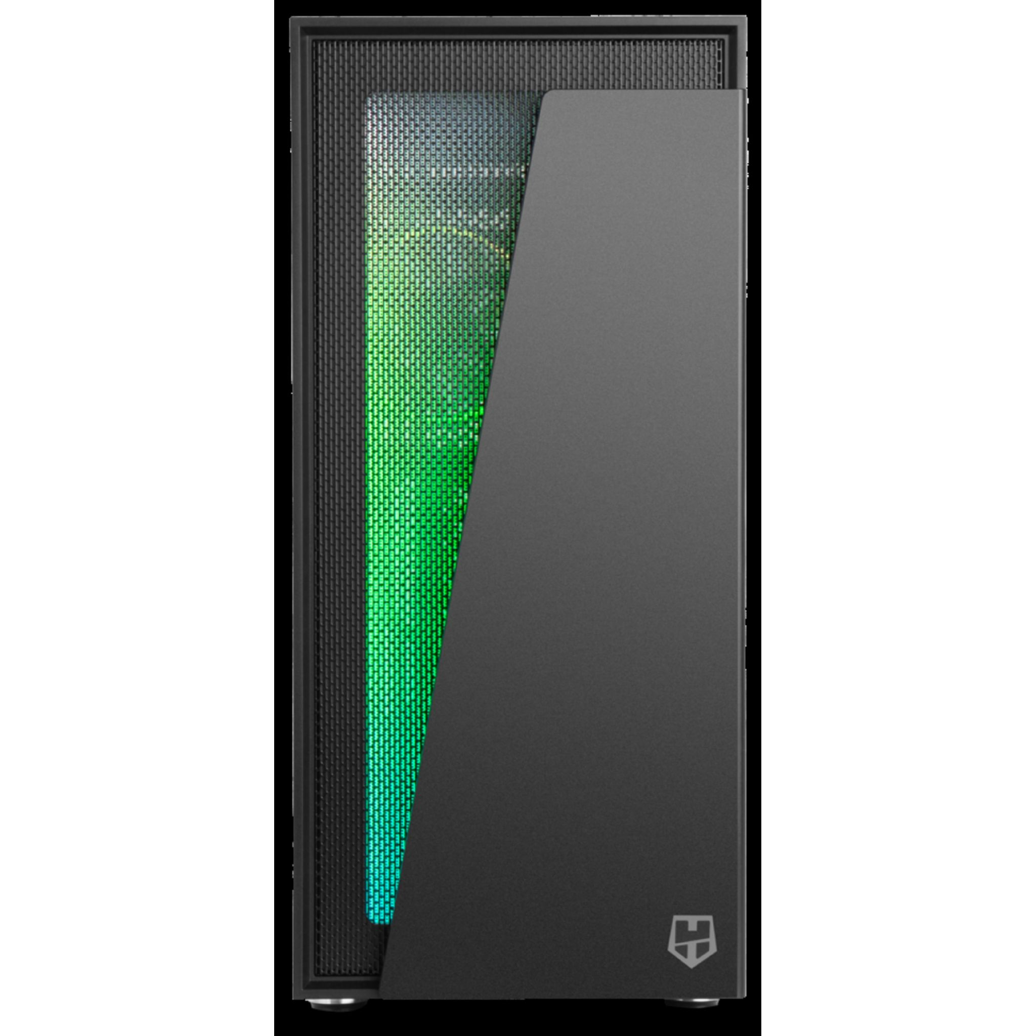 Czarna obudowa komputera z siatkowym przodem i zielonym podświetlanym wnętrzem. Widok z przodu.
