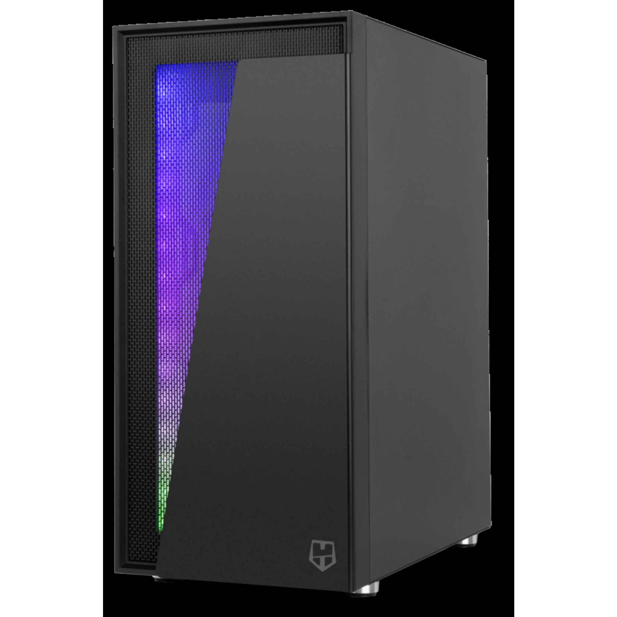 Czarna obudowa komputera z przezroczystym panelem bocznym i kolorowymi światłami w środku.