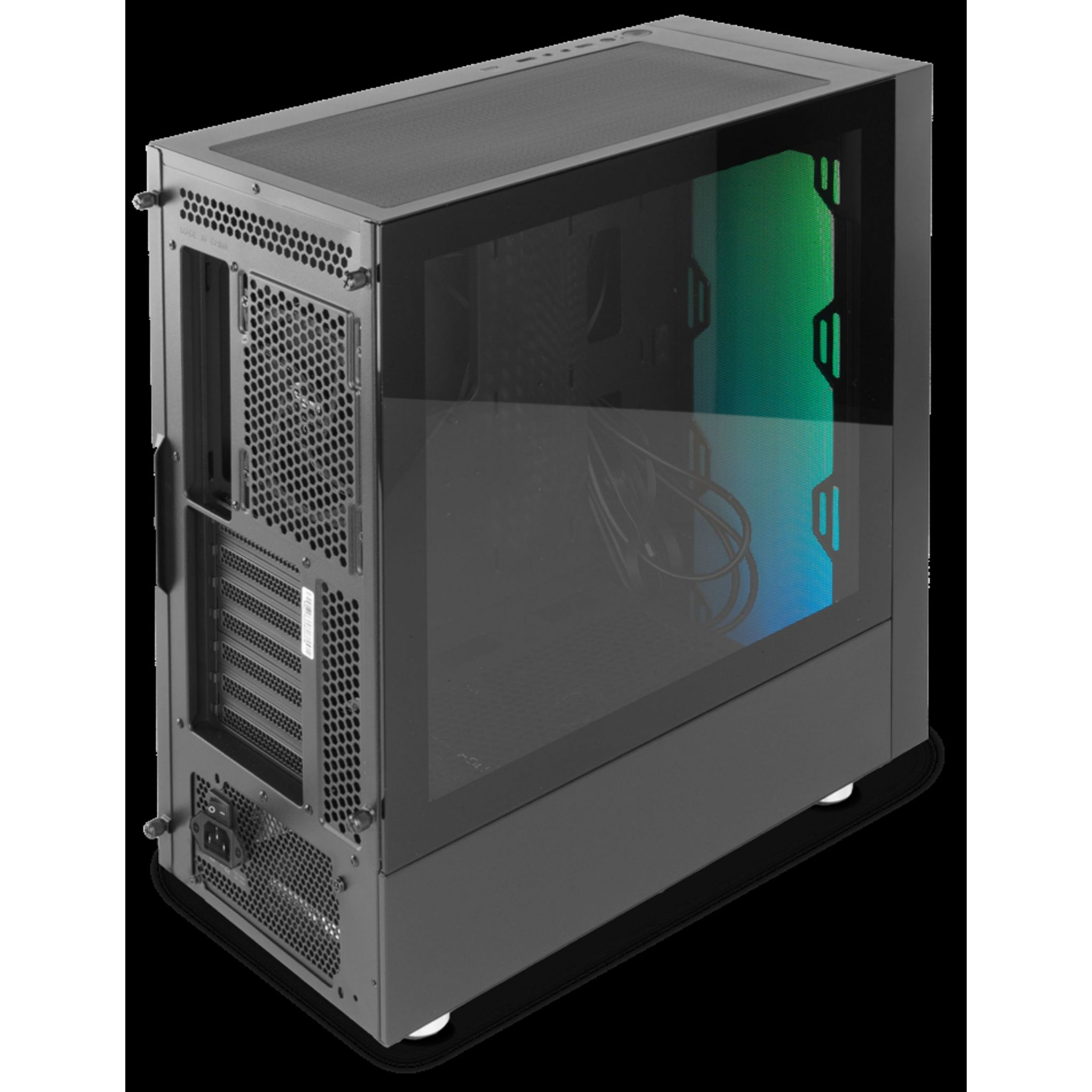 Obudowa PC, widok z boku. Czarna z panelem szklanym i kolorowymi podzespołami.