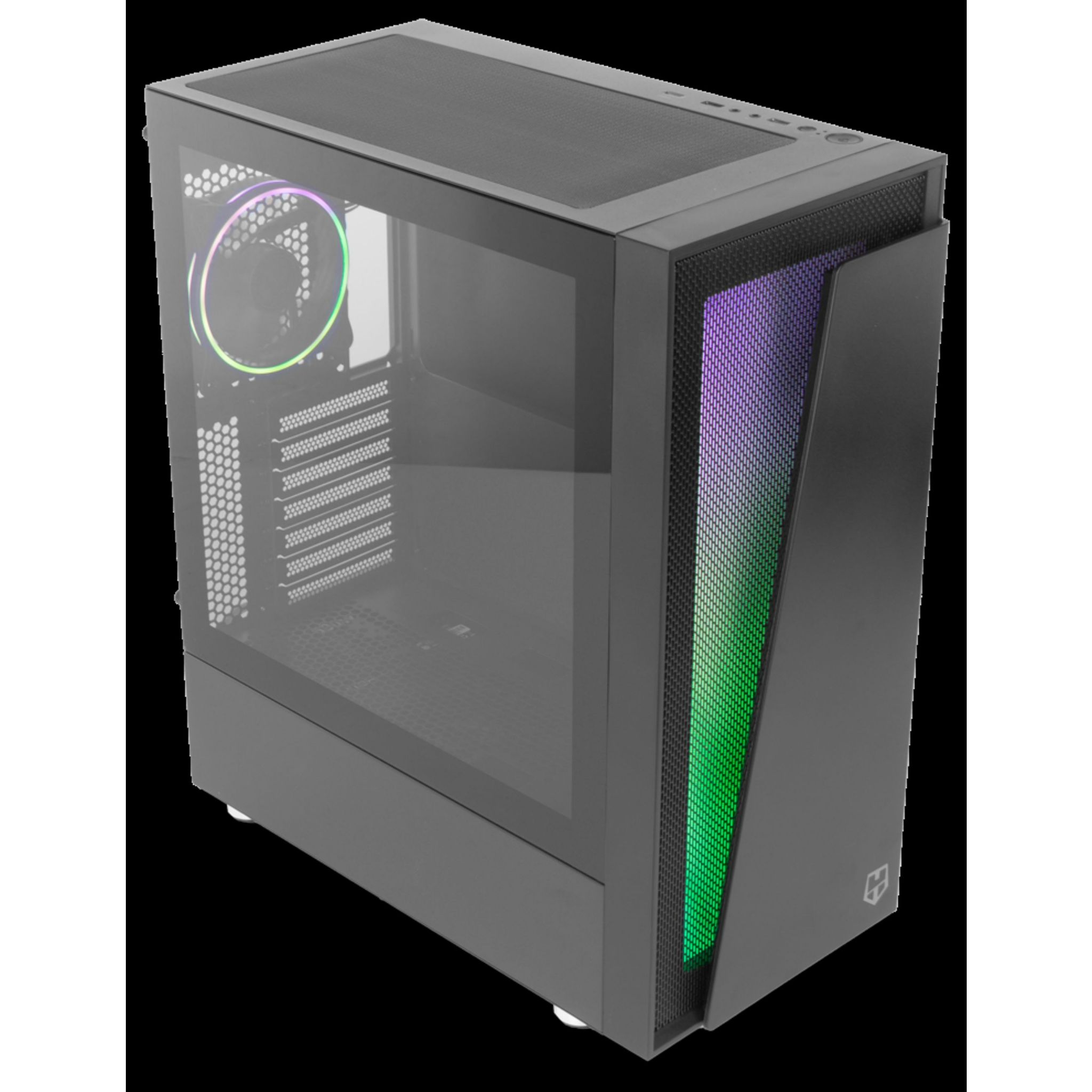 Czarna obudowa komputera ze szklanym panelem bocznym, oświetleniem RGB i konstrukcją panelu przedniego.