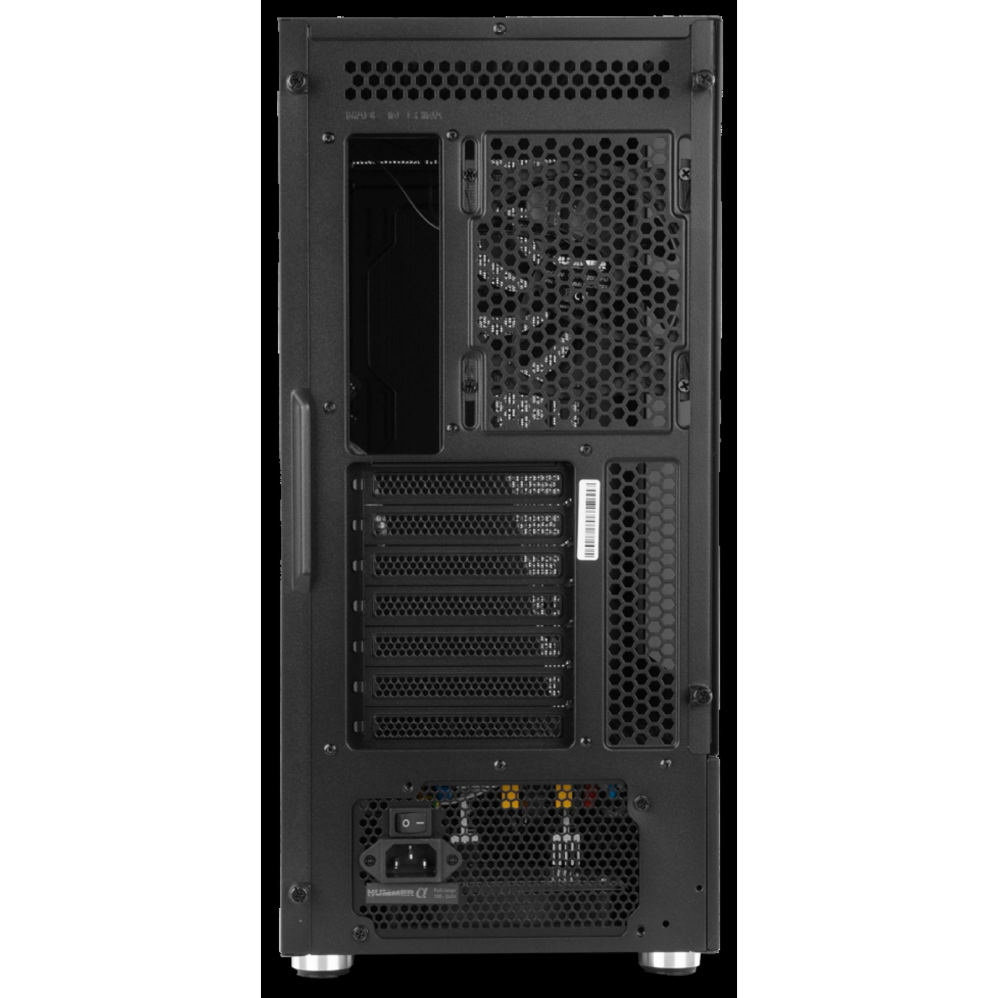 Czarny panel tylny obudowy komputera z otworami wentylacyjnymi, obszarem zasilacza i różnymi portami połączeniowymi.