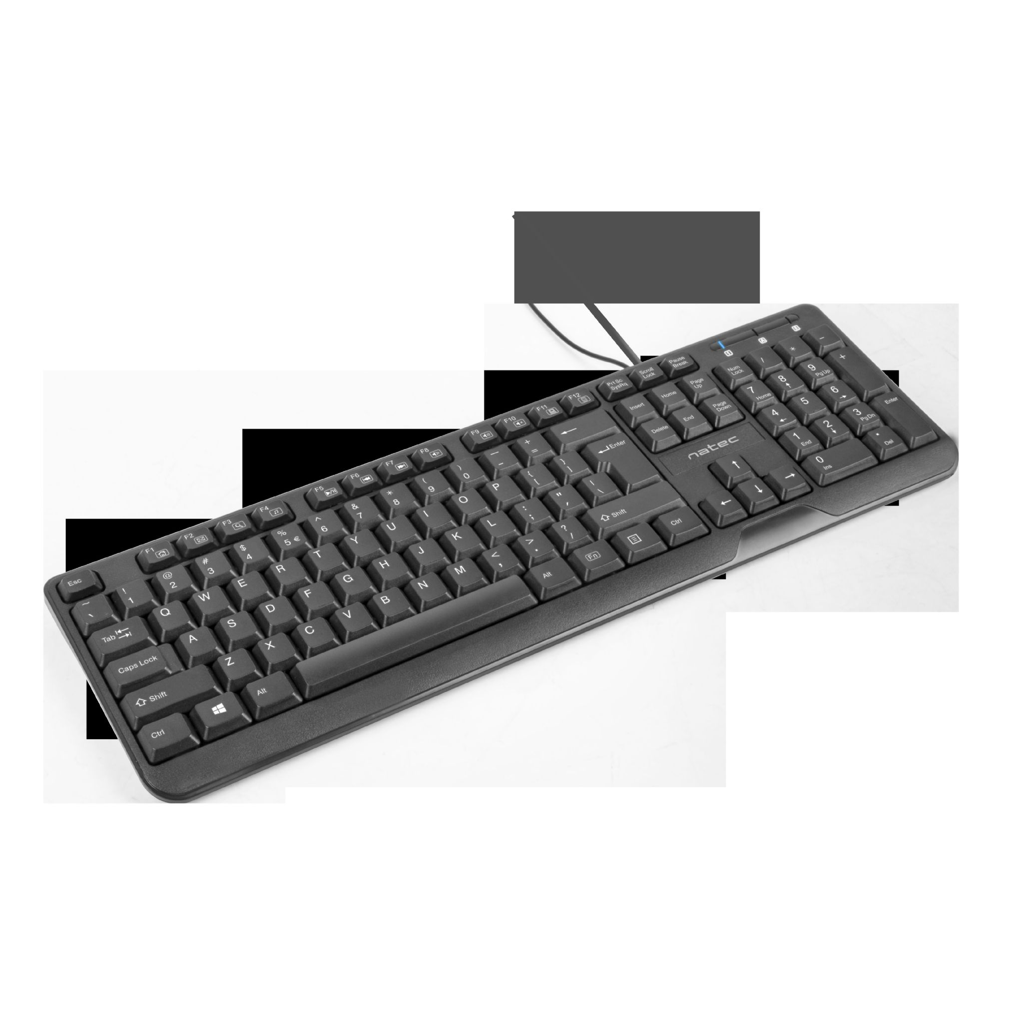 Czarna klawiatura z białymi klawiszami i połączeniem przewodowym. Klawiatura leży na białej powierzchni.