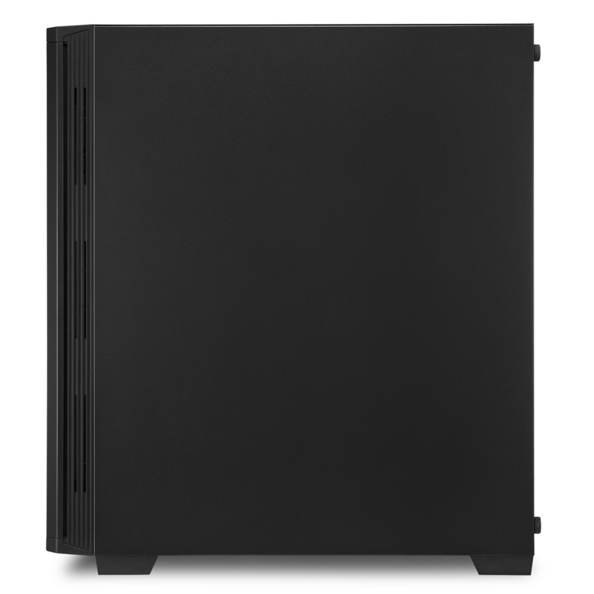 Schwarzes Computergehäuse. Die Seitenansicht hat eine solide, flache Platte. Es ist ein einfaches, modernes Design.