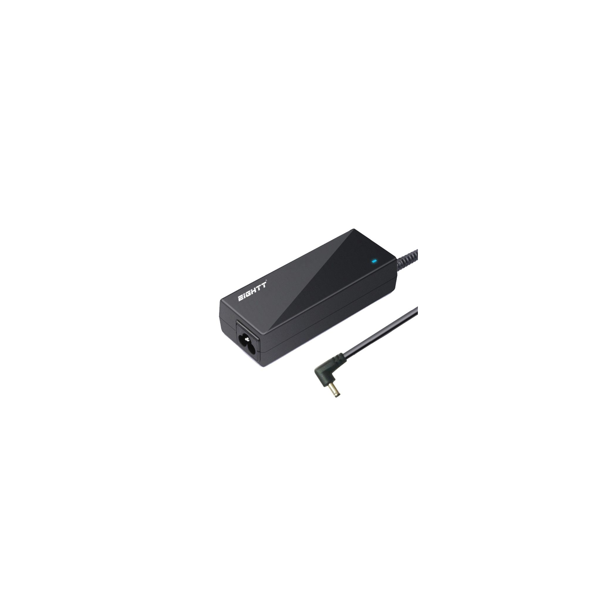 Cargador de portátil Eightt negro con luz azul. El cable de alimentación está conectado.