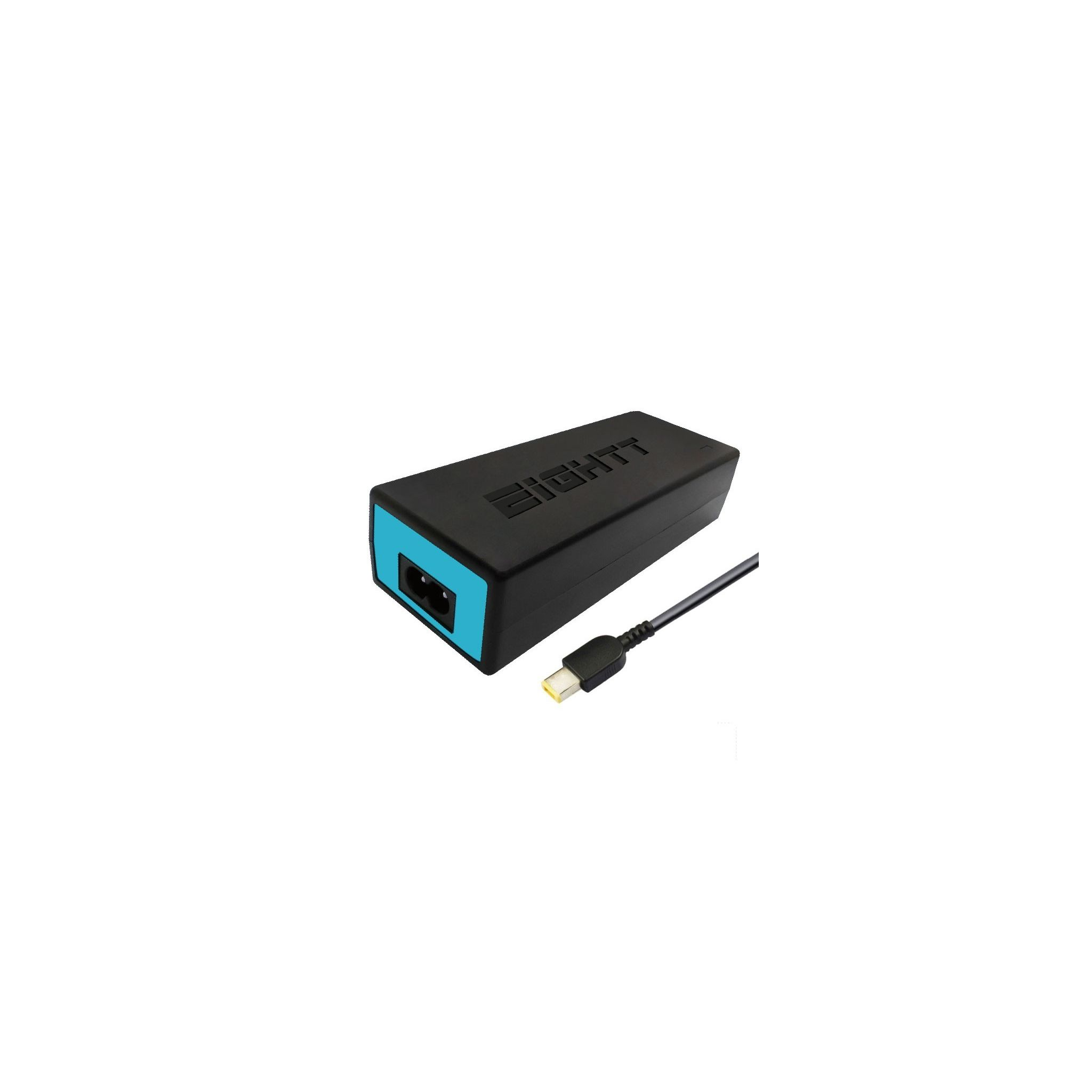 Adaptador de corriente rectangular negro con acento azul y cable USB-C.