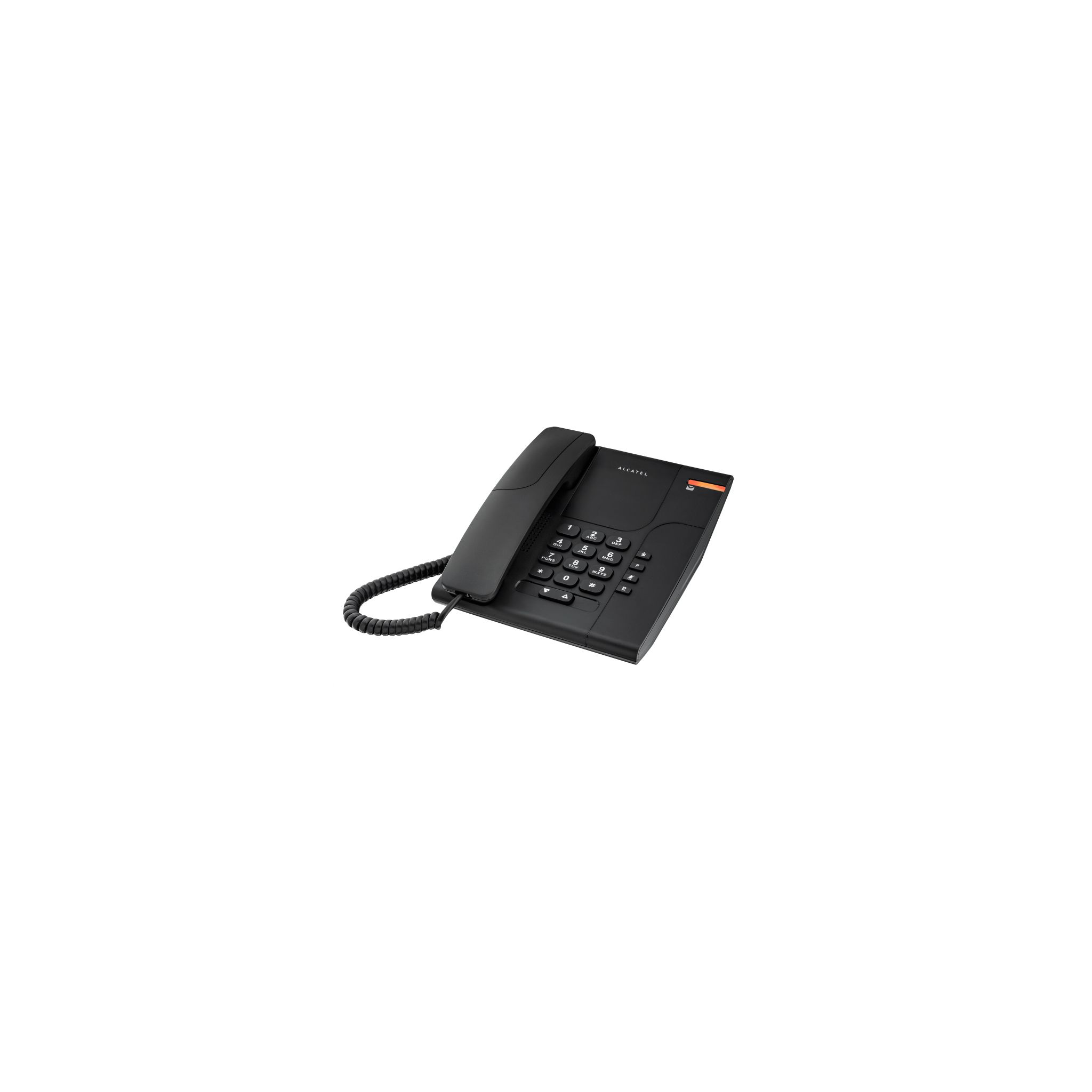 Teléfono fijo negro sobre fondo blanco. Tiene un auricular y un teclado numérico.