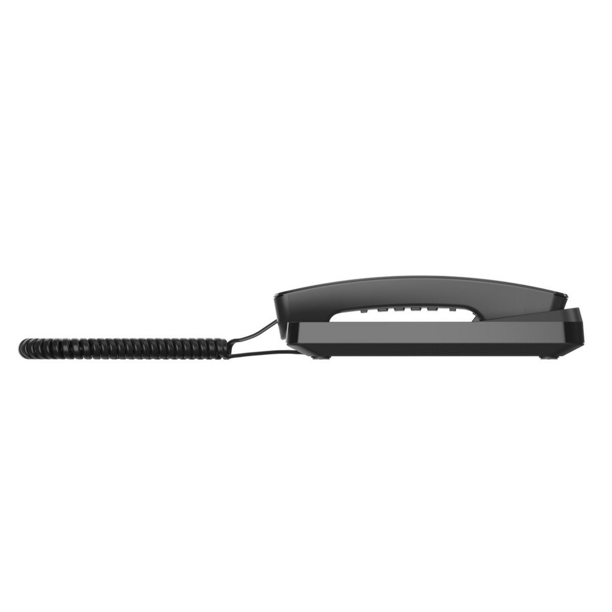 Teléfono fijo negro con cable en espiral, posicionado horizontalmente. Fondo blanco.
