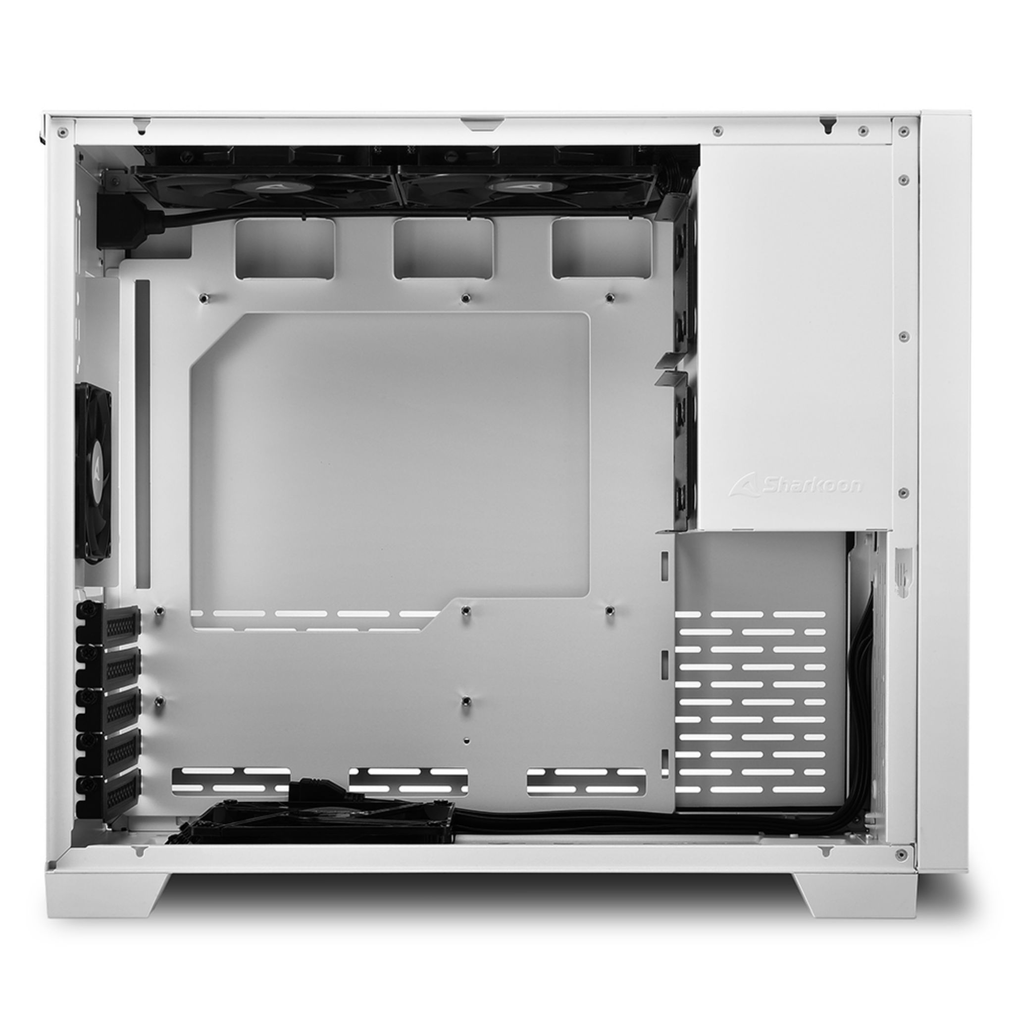 Un case per computer bianco con struttura interna aperta e componenti visibili.