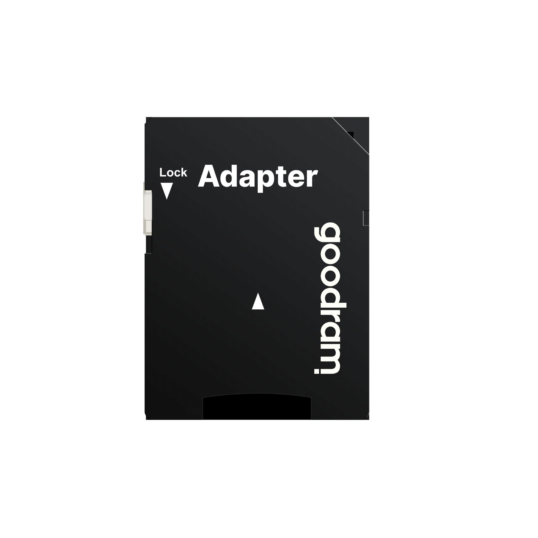 Schwarzer SD-Kartenadapter mit weißem Text, inkl. Wort „Adapter“ und Goodram-Logo.