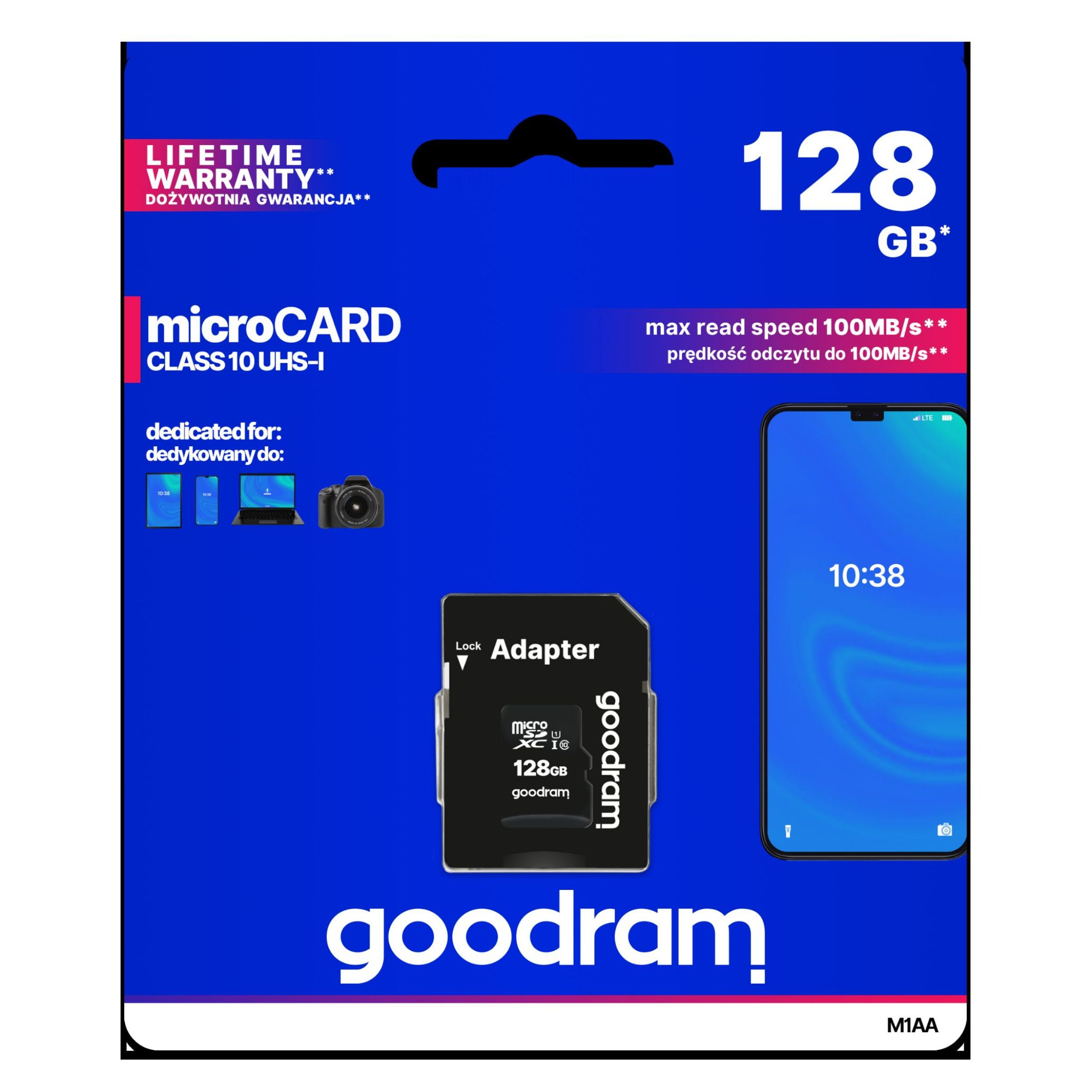 Goodram 128GB microSD-Karte mit Adapter. In einer blau-weißen Verpackung.