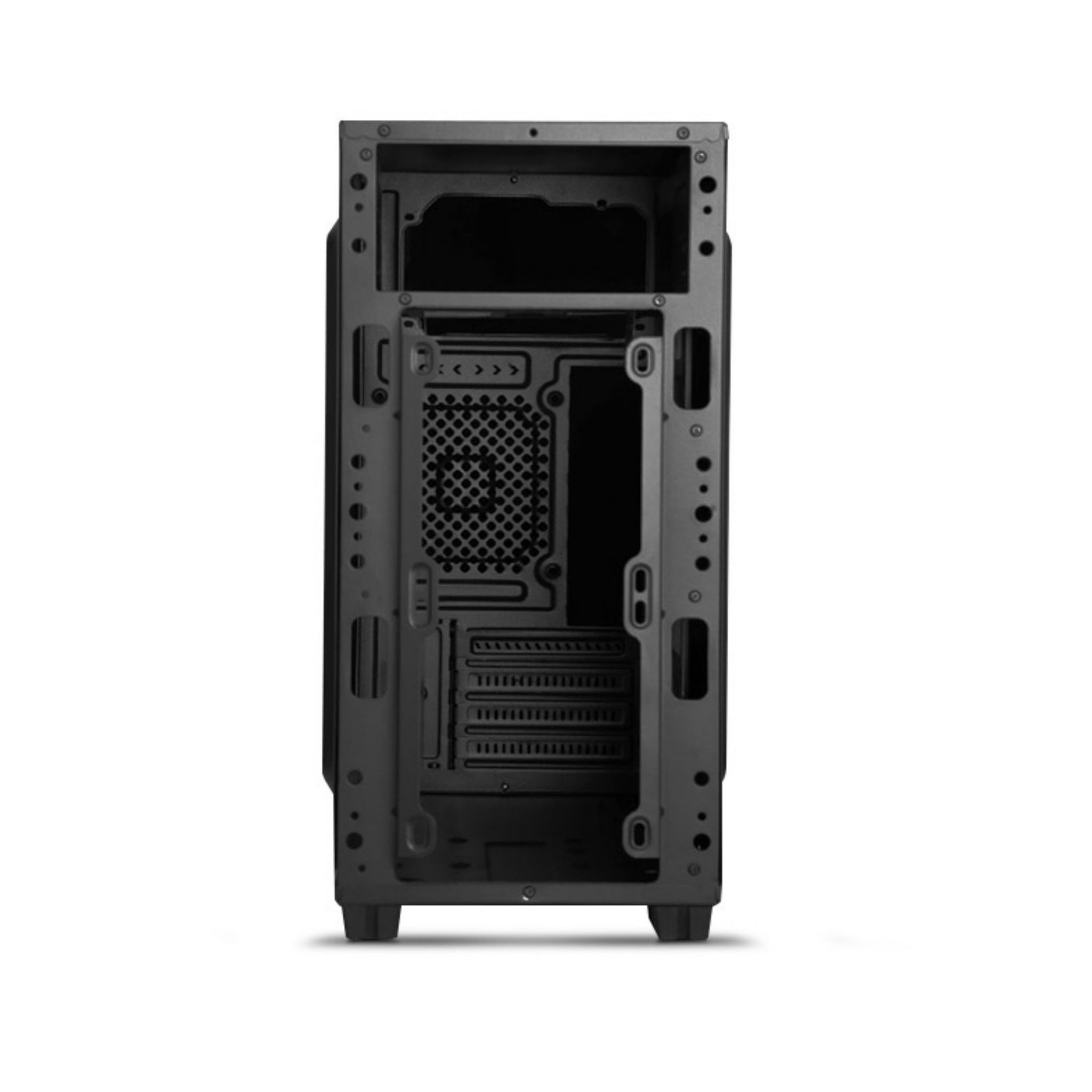 Wnętrze czarnej obudowy komputera. Otwarty przód z punktami montażowymi.