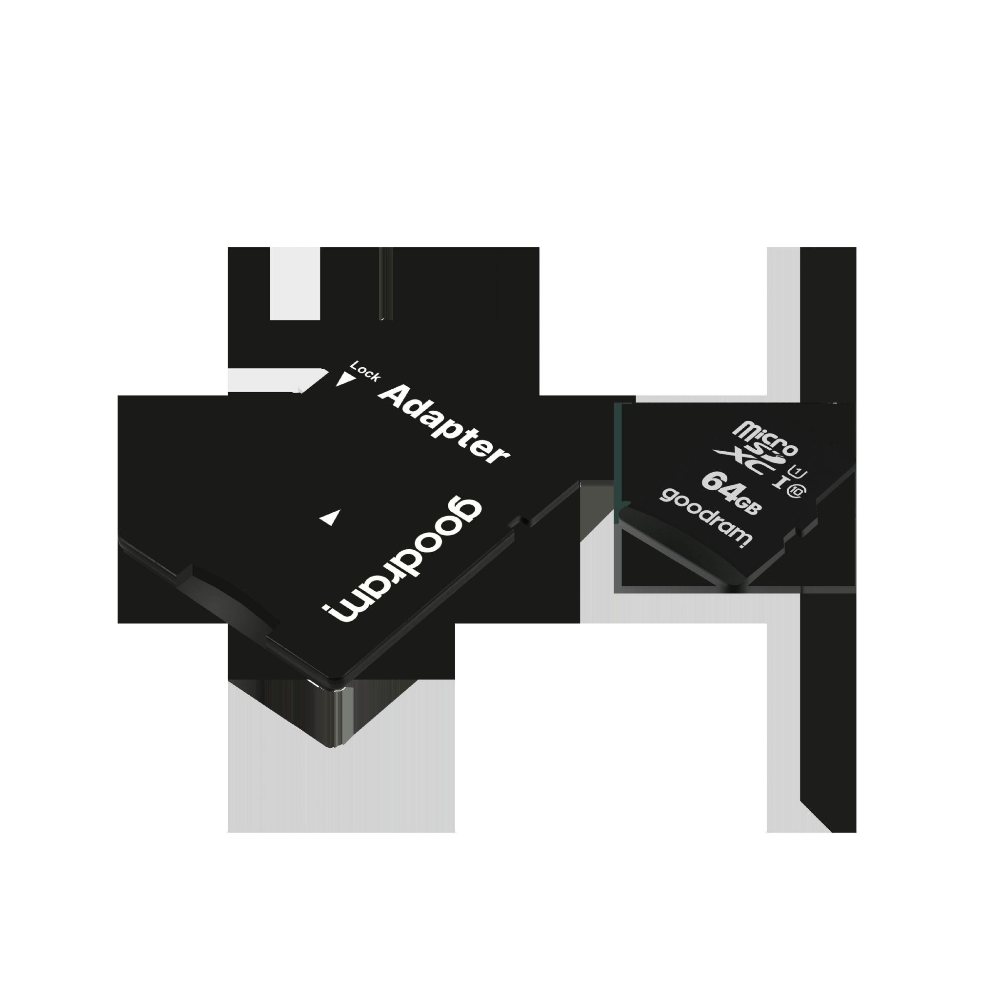 Zwei schwarze Adapter und eine 64GB MicroSD-Karte. Der Adapter ist mit 'goodram' beschriftet.