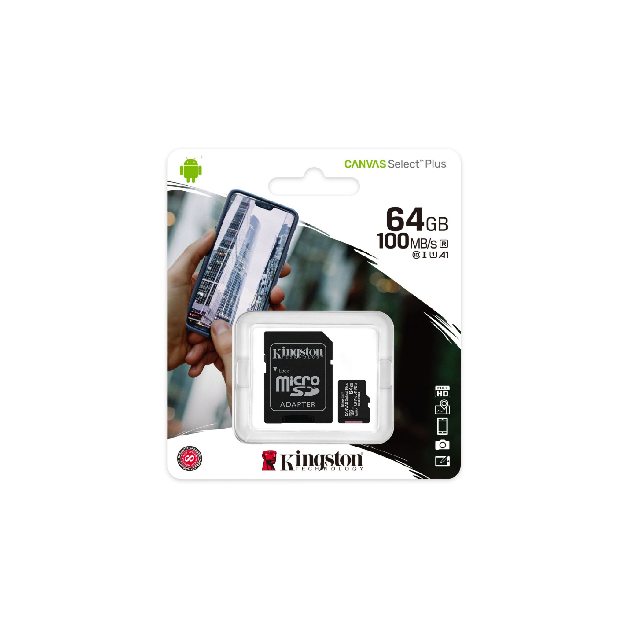MicroSD-Karte in der Verpackung, mit Telefonbild und der Marke Kingston.
