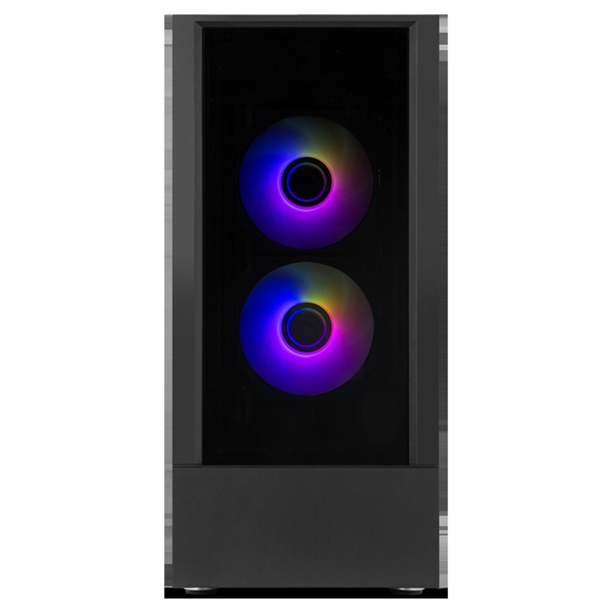 Widok z przodu czarnej obudowy komputera. Posiada dwa wentylatory ze światłami RGB, ciemne tło.