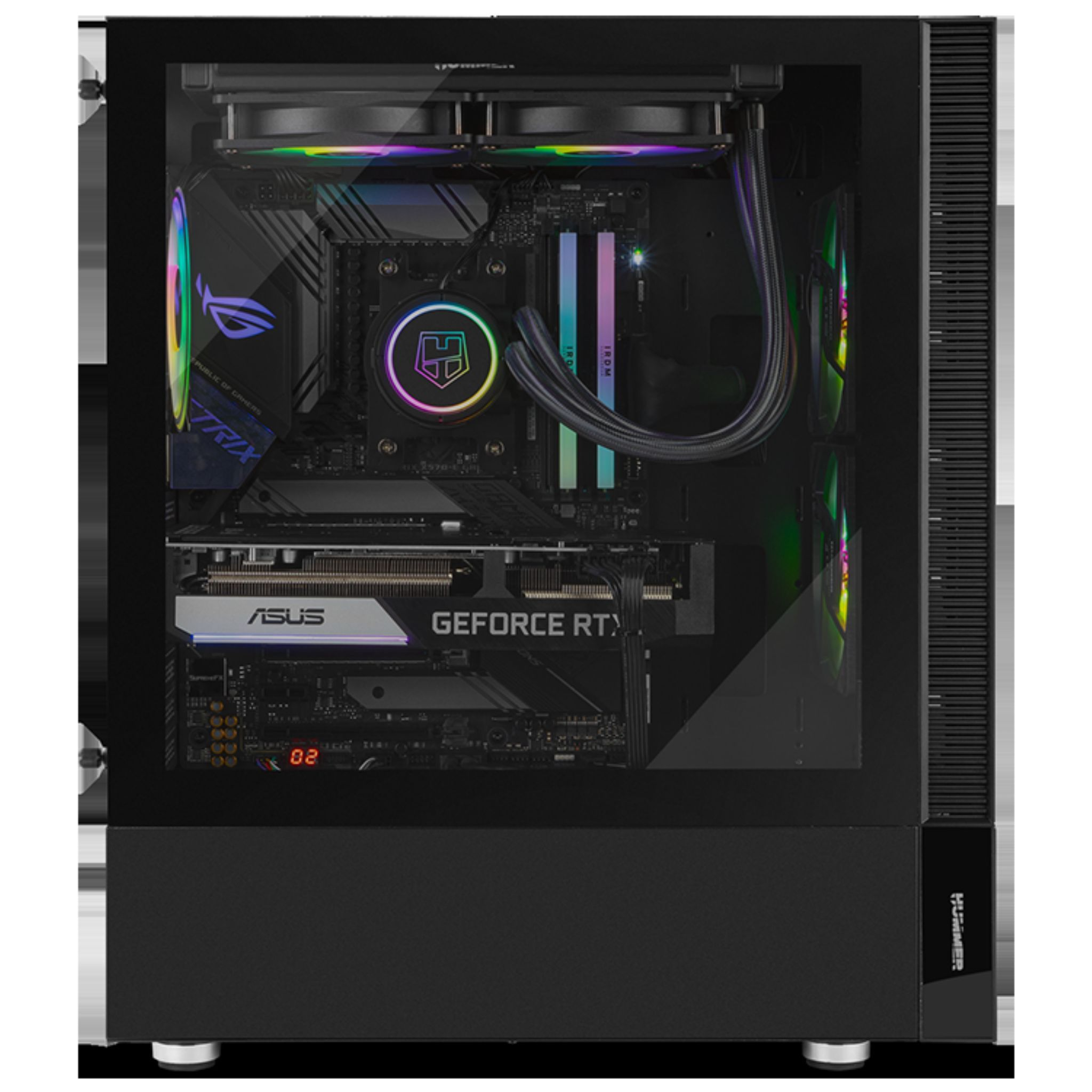 Otwarta obudowa komputera, komponenty: GPU, chłodzenie CPU, płyta główna, RAM.