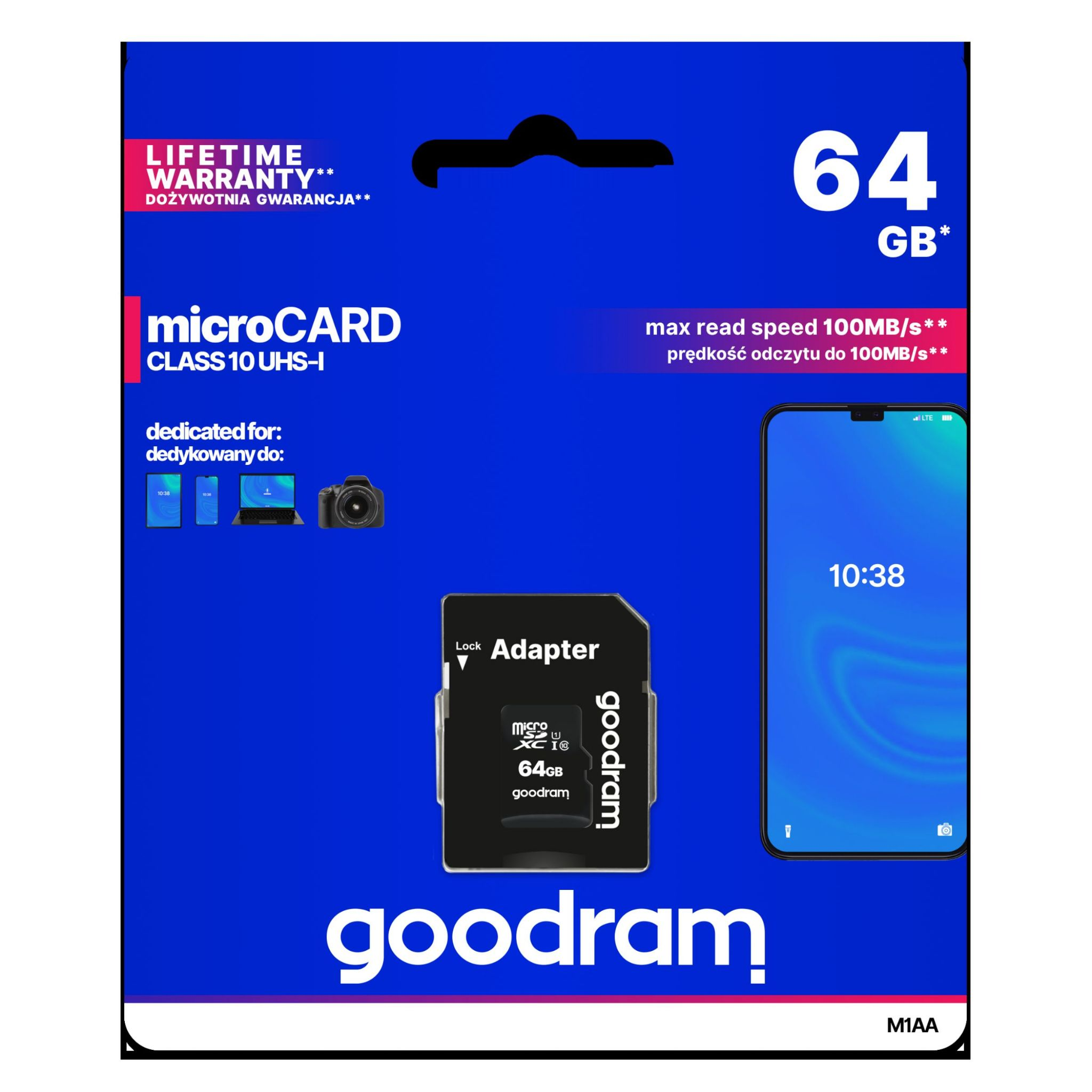 64GB microSD-Karte mit Adapter, Telefonbildschirm zeigt 10:38 Uhr. Blaue und schwarze Verpackung.