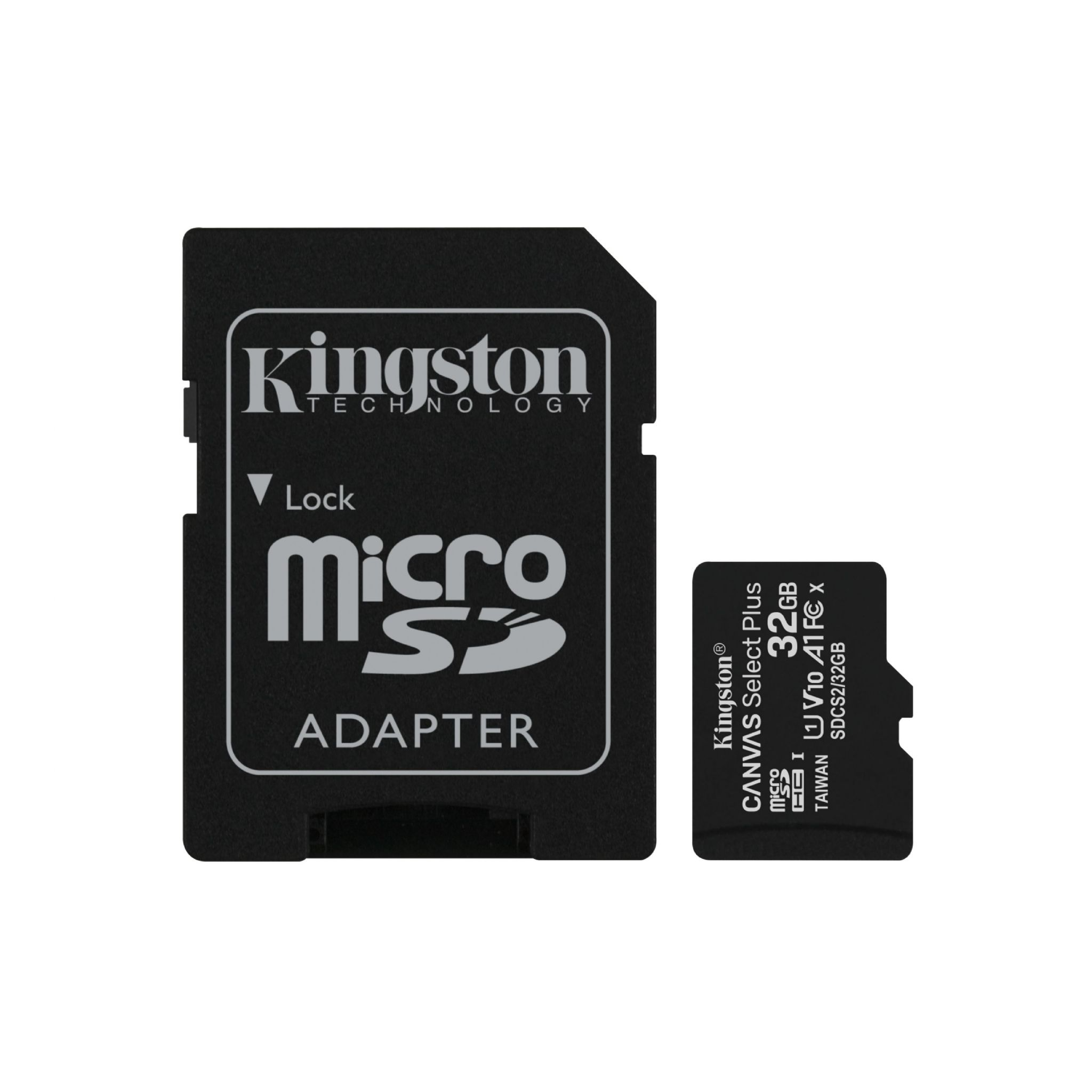 Tarjeta micro SD Kingston negra con adaptador. El texto es visible.