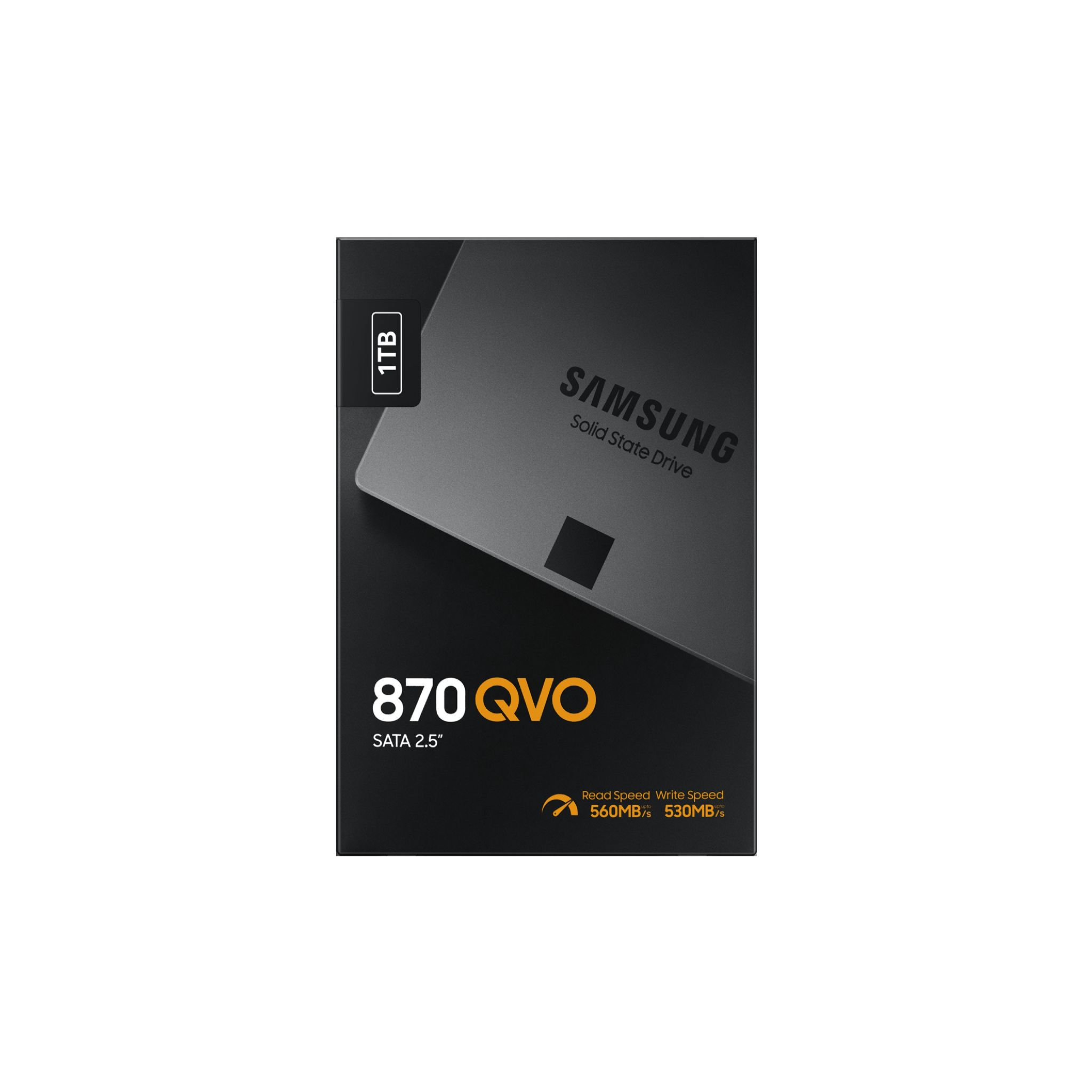 Dysk SSD Samsung 870 QVO 1TB w czarnym pudełku. Widoczny tekst i logo.