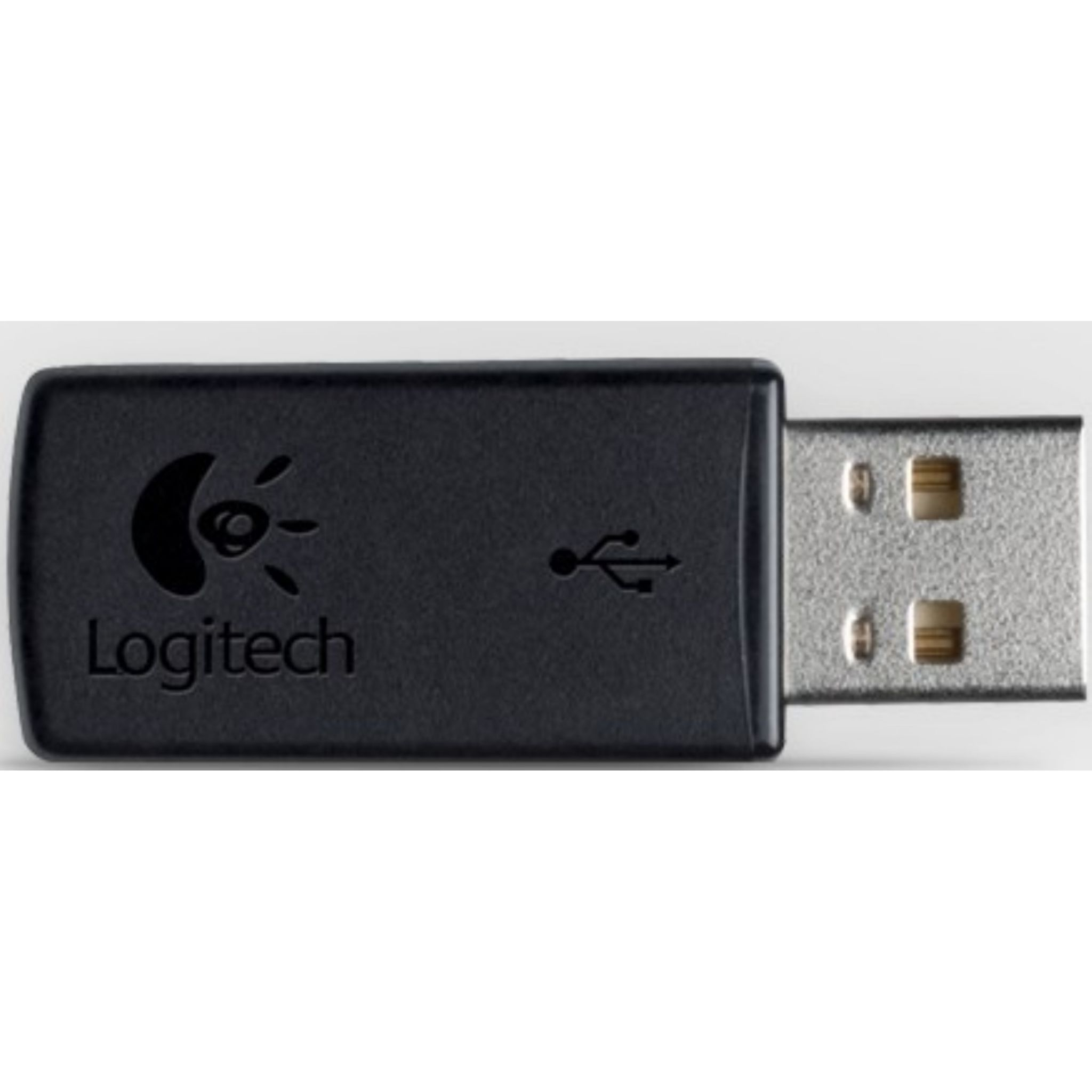 Czarny odbiornik USB Logitech, pokazujący logo Logitech.
