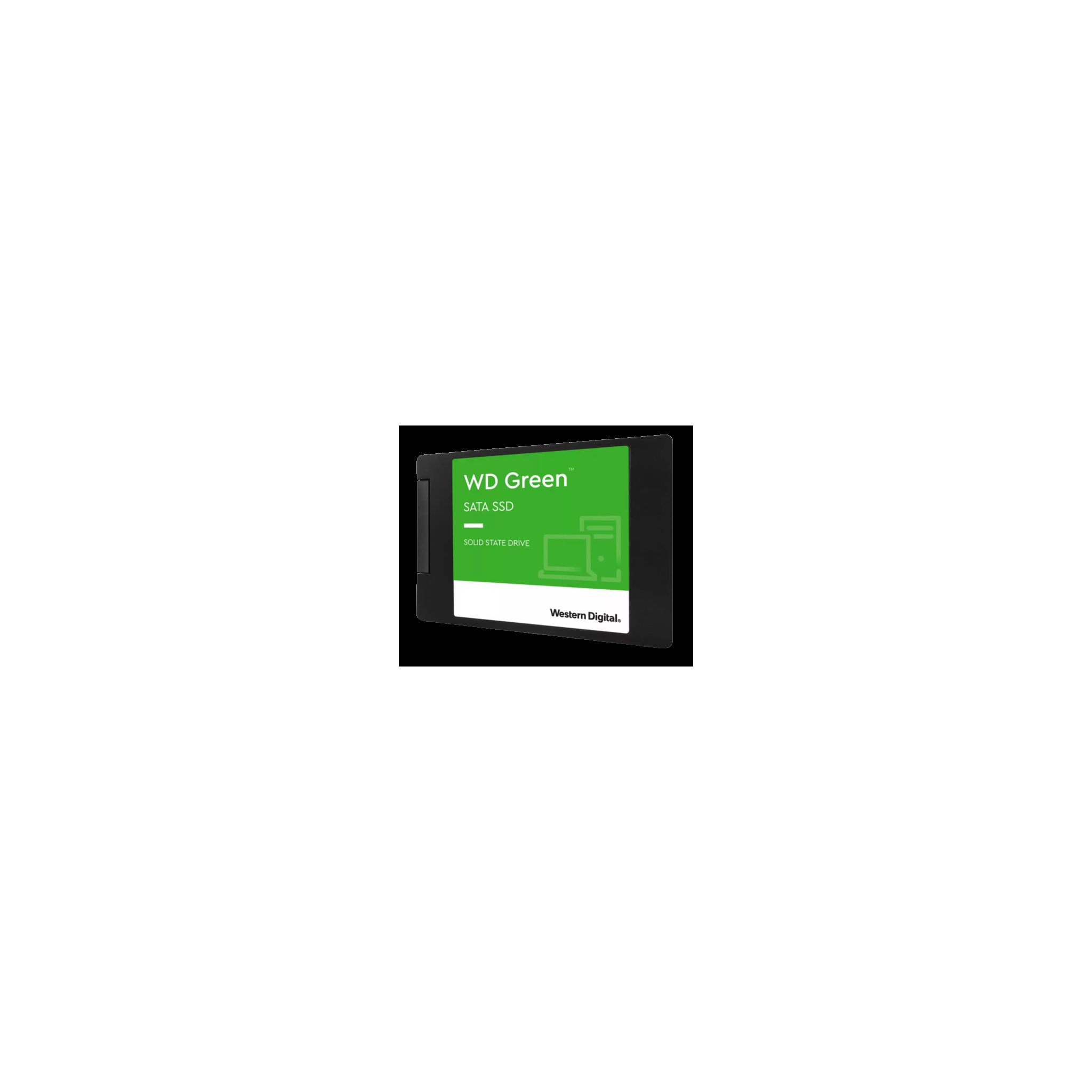 SSD SATA WD Green su sfondo bianco. L'unità è nera con etichetta verde.