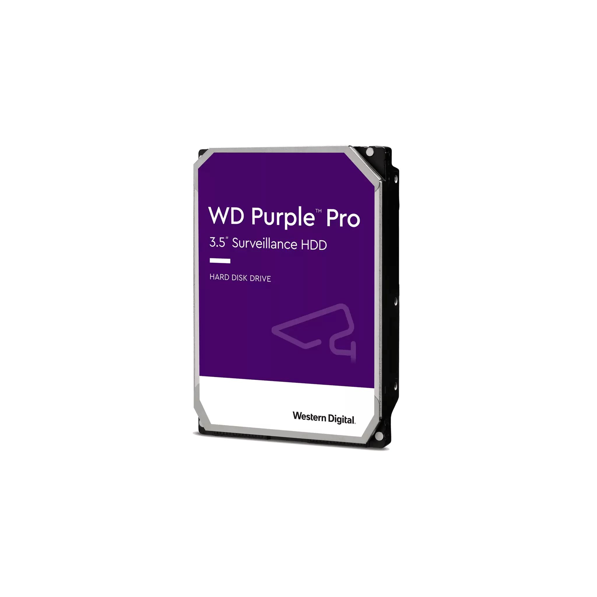 Un disco duro de vigilancia WD Purple Pro de 3,5" púrpura, en su embalaje, sobre fondo blanco.
