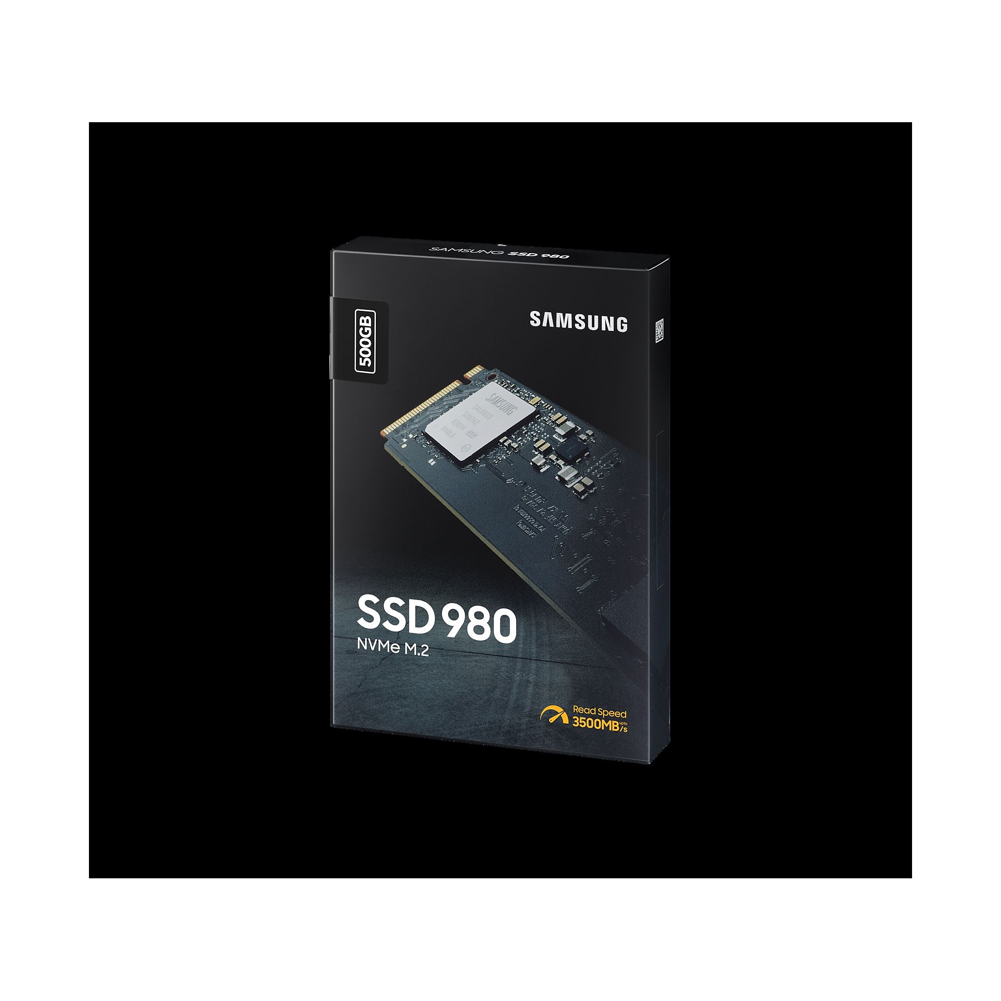 Czarny karton z etykietą Samsung SSD 980, na czarnym tle.
