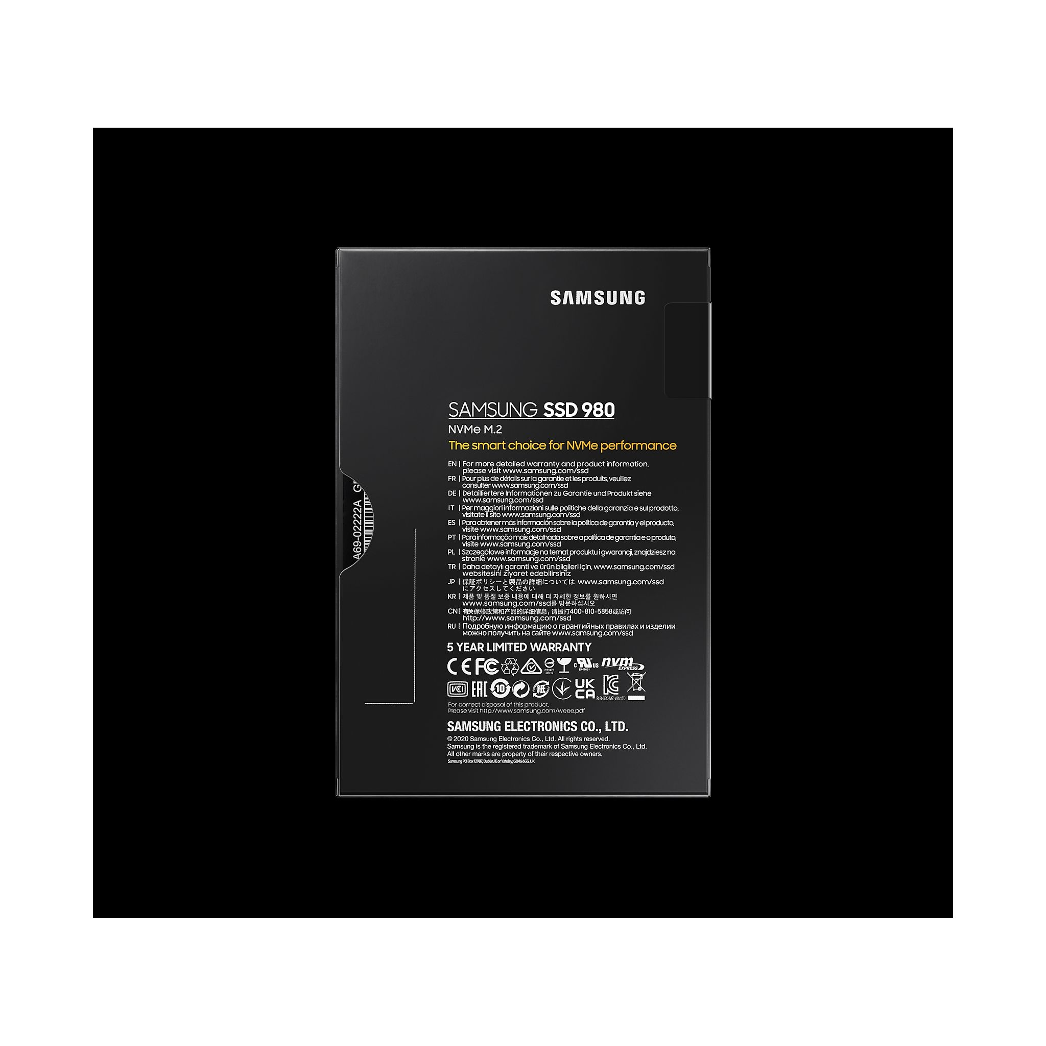 Czarny pakiet Samsung SSD 980 NVMe M.2. Białe tło z tekstem i logo.