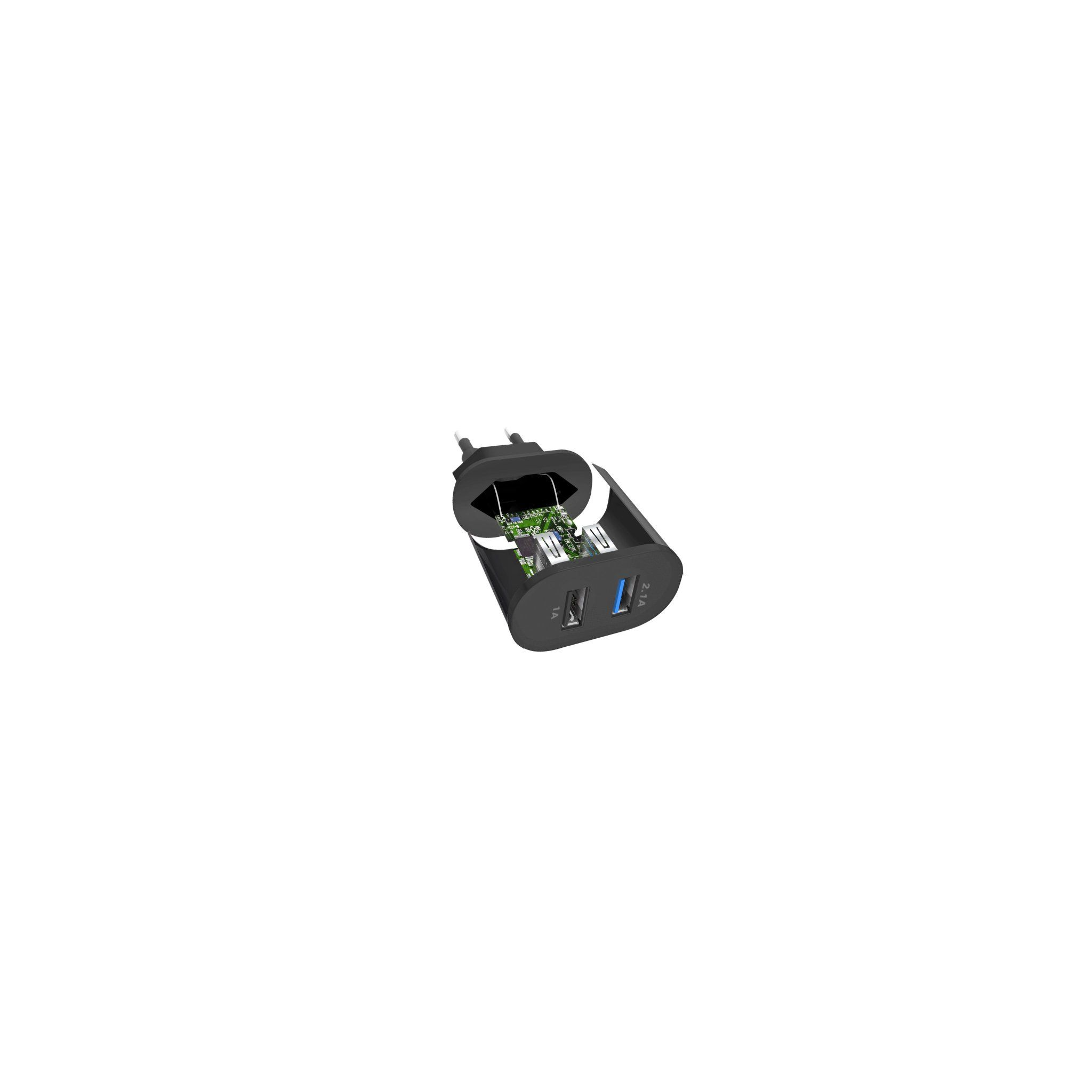Caricabatterie USB nero con due porte USB e componenti interni visibili.