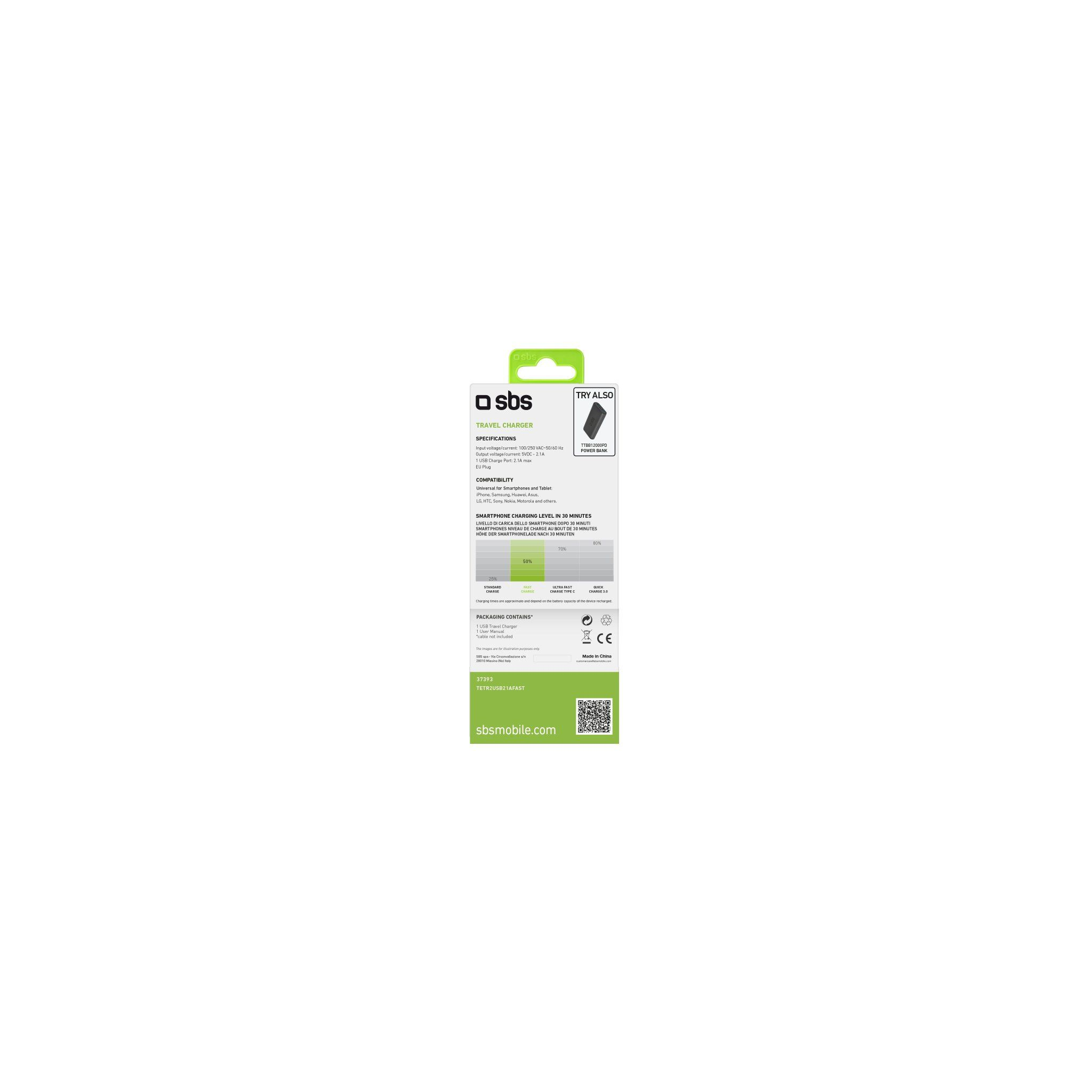 Embalaje blanco y verde. Contiene un cargador de teléfono. Fondo blanco.