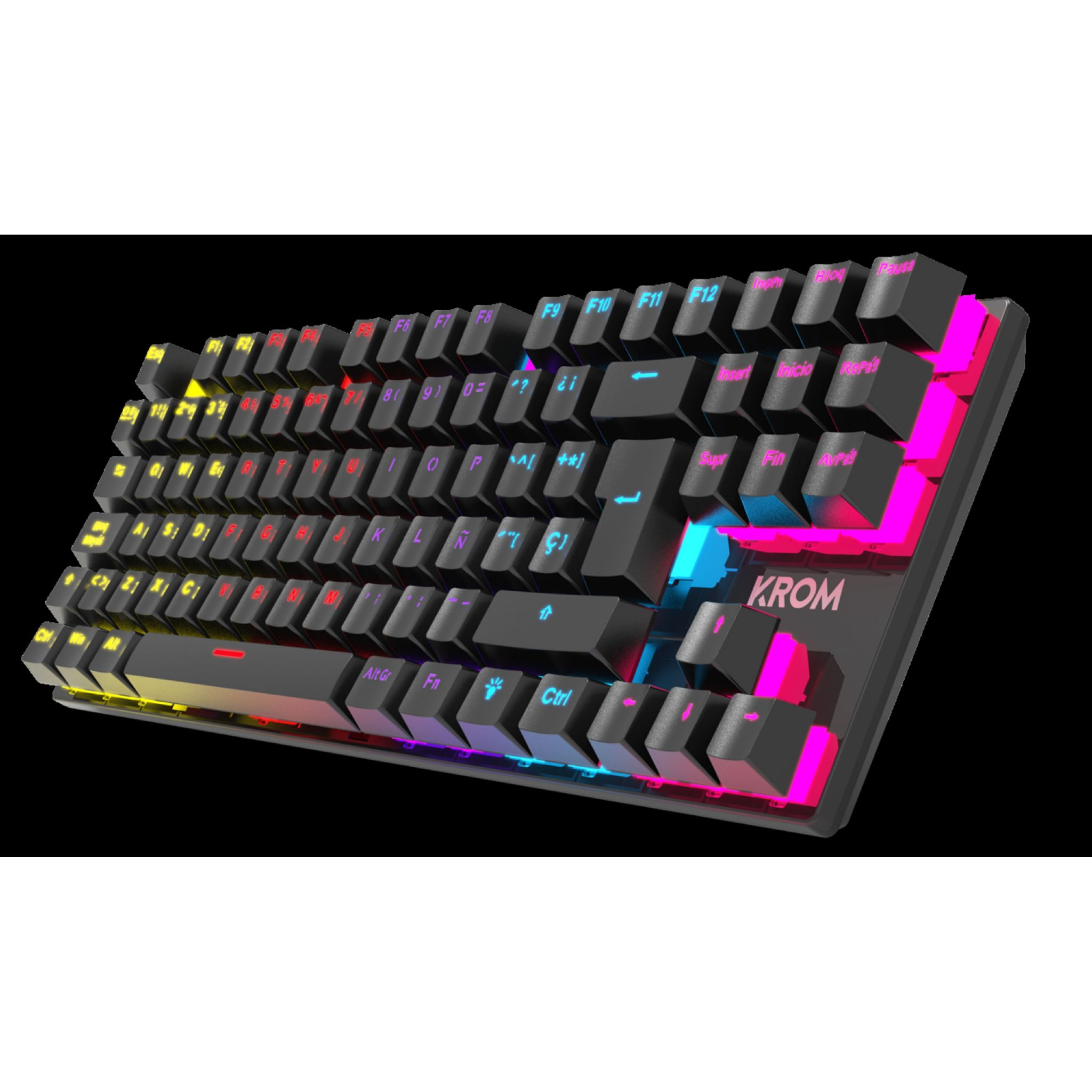 Czarna klawiatura z kolorowymi podświetlanymi klawiszami. Marka KROM, czarne tło. Widok pod kątem.