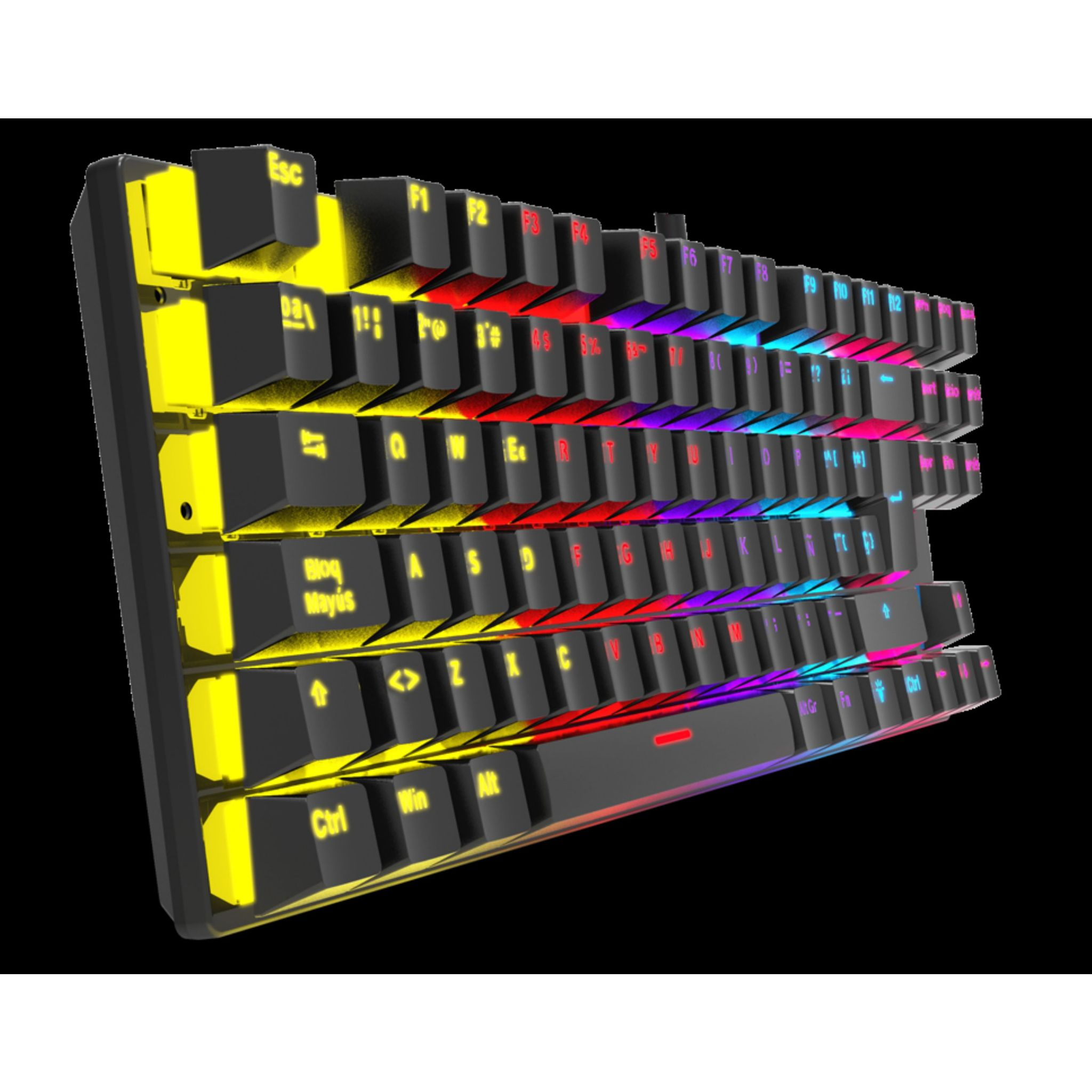 Podświetlana klawiatura mechaniczna z żółtymi, niebieskimi, czerwonymi i innymi kolorowymi klawiszami, z czarną ramką.