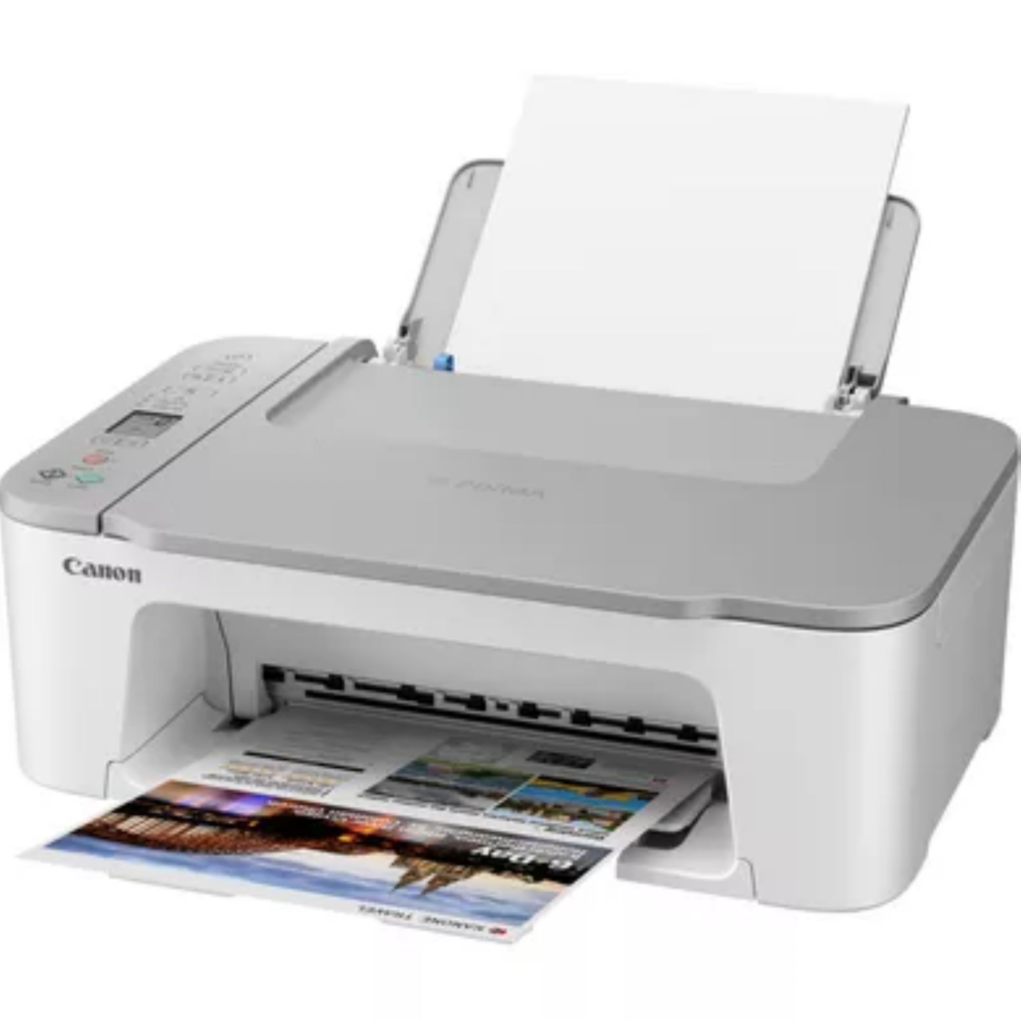 Stampante Canon che stampa un documento con un'immagine di paesaggio e testo.