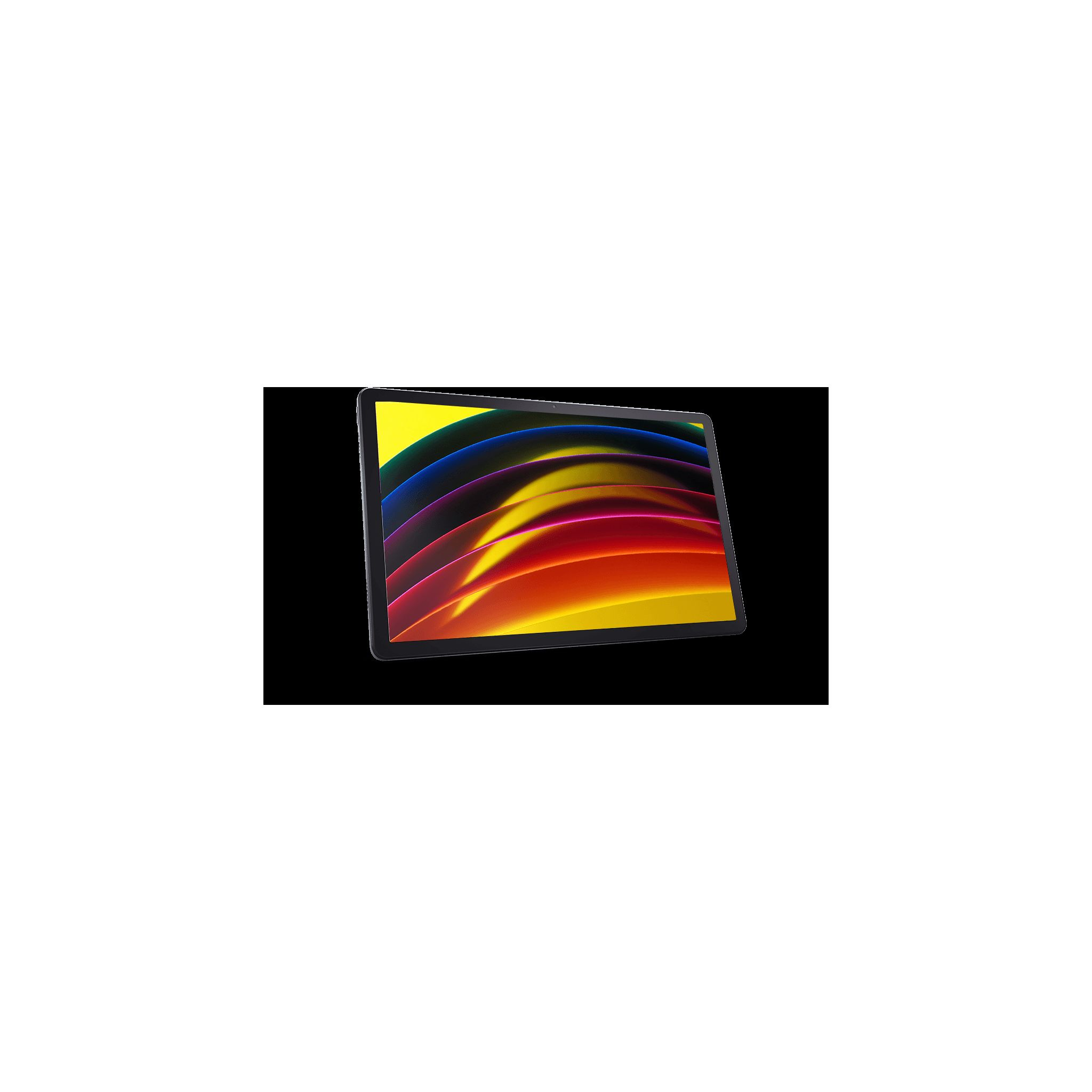 Tableta con diseño abstracto colorido sobre fondo negro.