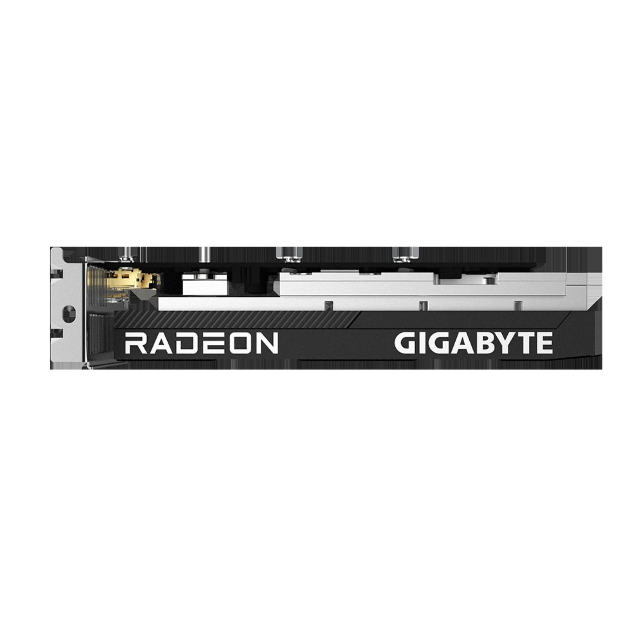 Scheda grafica Radeon Gigabyte. La scheda ha dettagli argento e neri. Sfondo bianco.