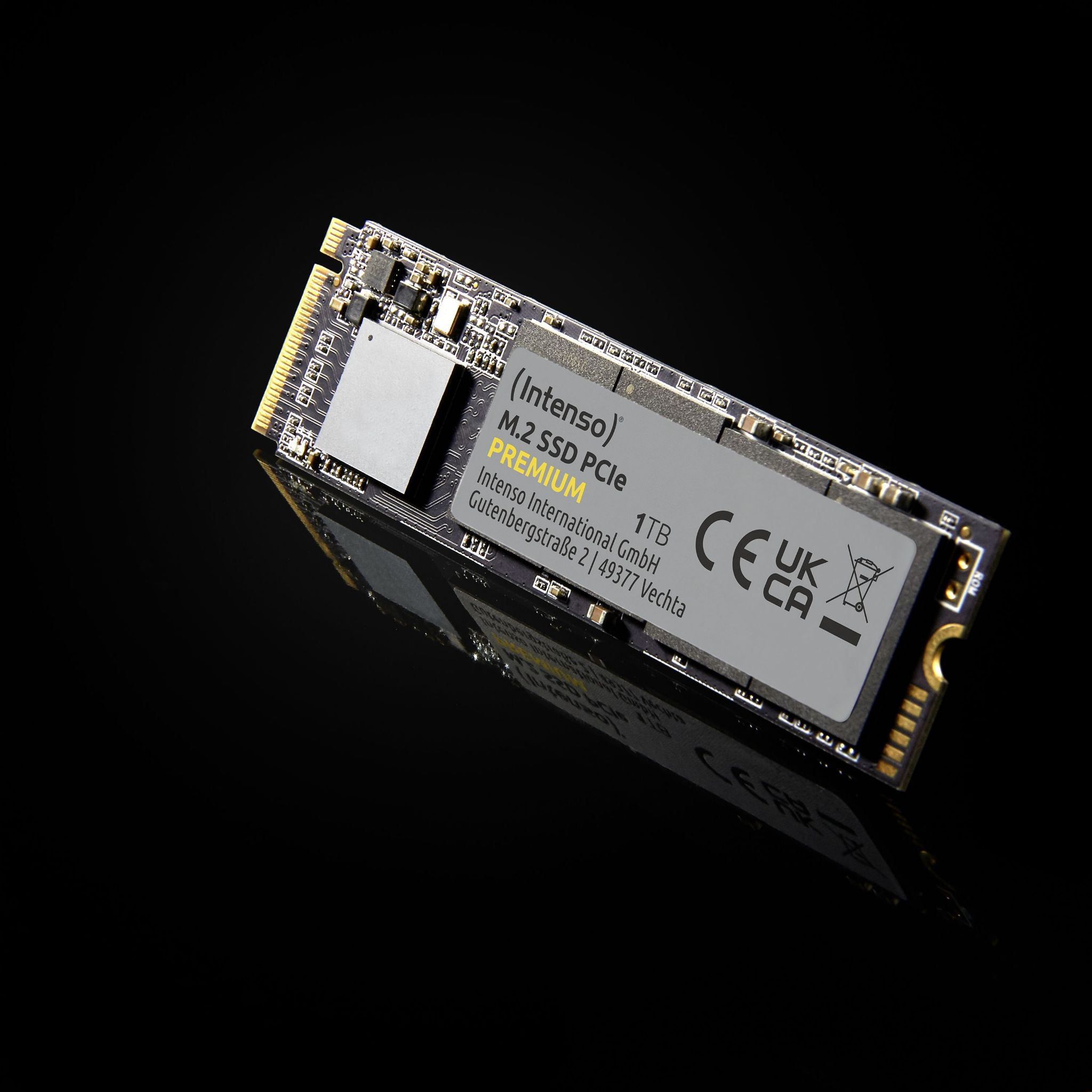 SSD noir, avec étiquette argentée (Intenso), sur fond noir. L'étiquette indique '1TB' et les détails du produit.
