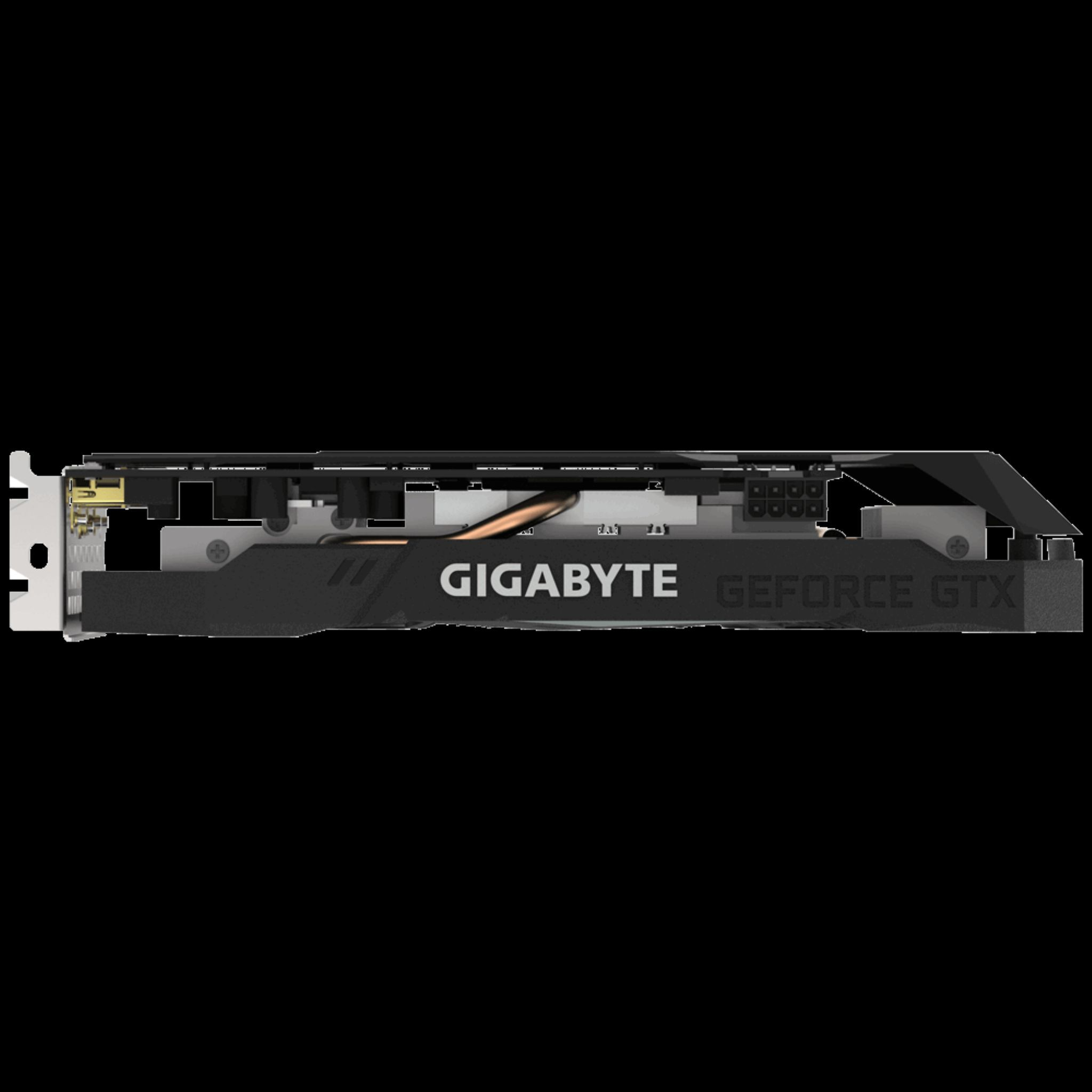 Czarna i szara karta graficzna Gigabyte GeForce GTX z widoczną nazwą marki.