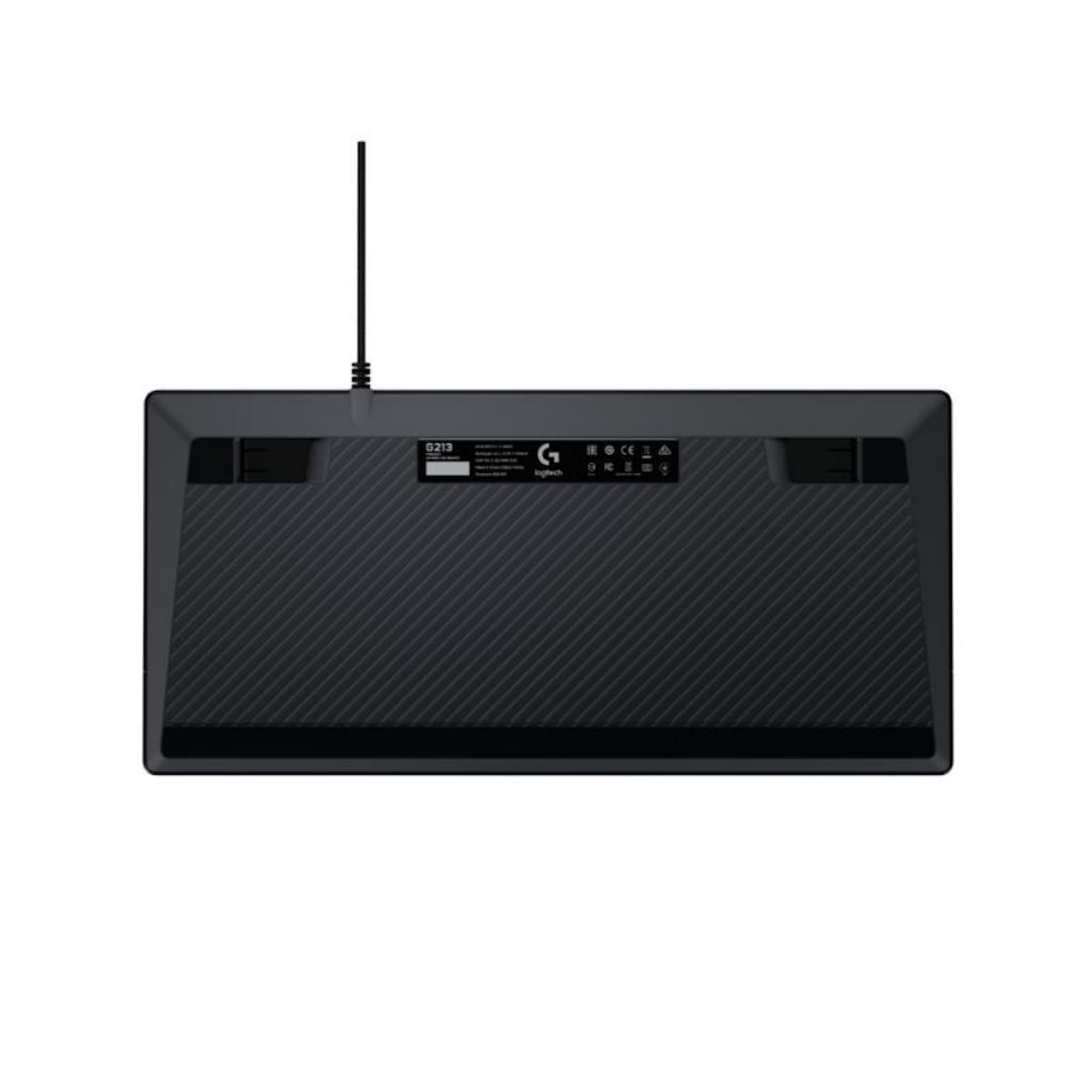 Czarny spód klawiatury. Widoczna jest marka 'Logitech'.